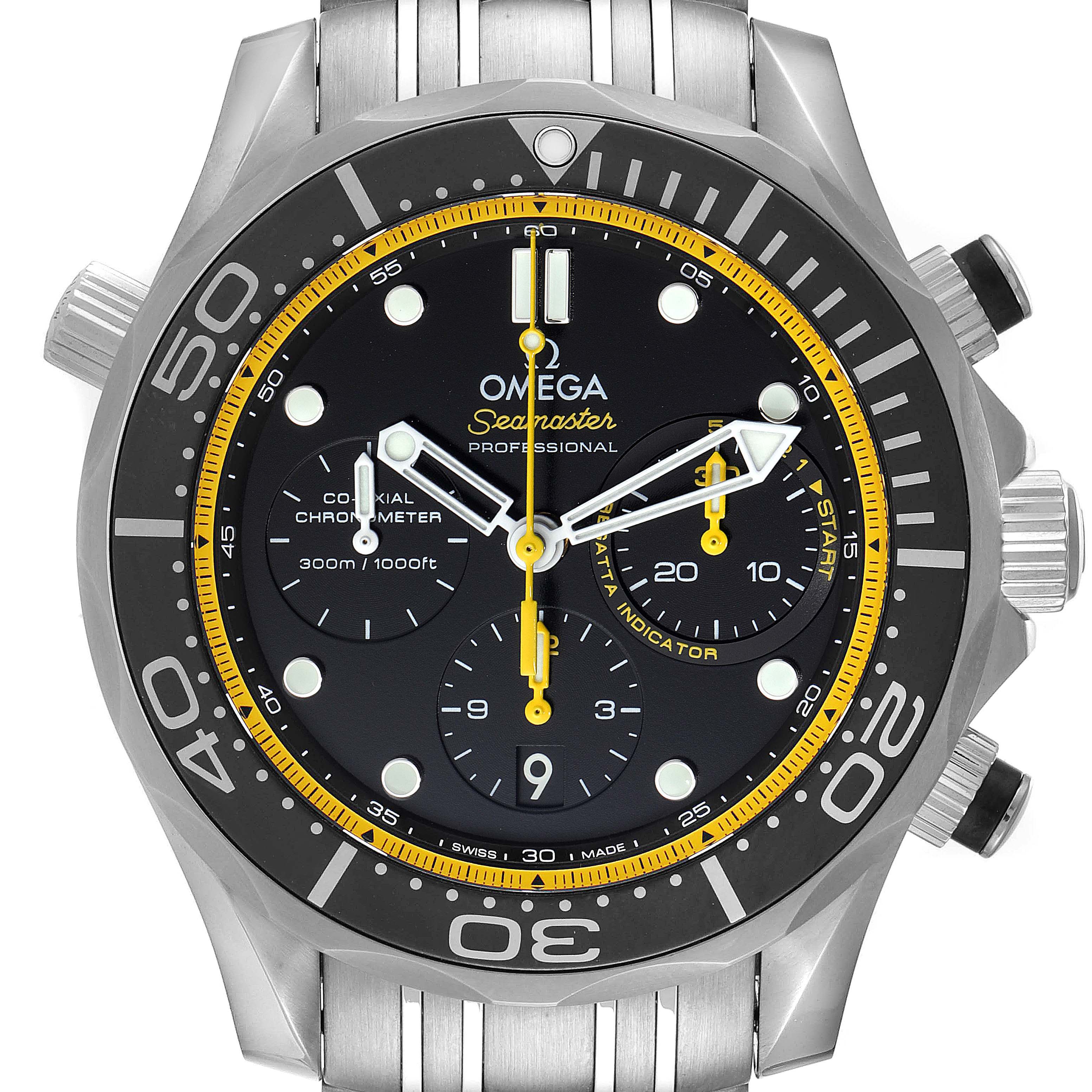 This is a close-up, front-facing view of an Omega Seamaster 212.30.44.50.01.002 Men's Stainless Steel Black Dial 212.30.44.50.01.002 Men's Stainless Steel Black Dial watch, showing the dial, bezel, chronograph sub-dials, and part of the bracelet.