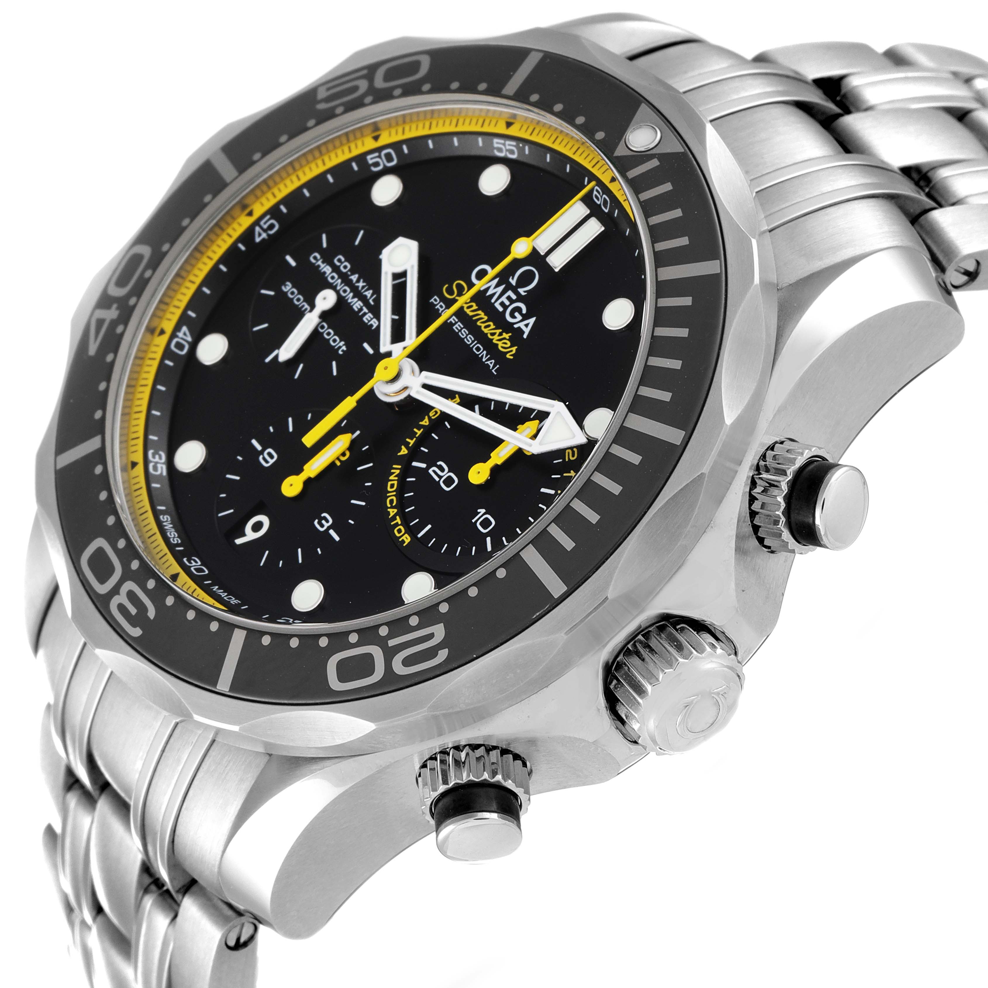 The image shows an angled view of an Omega Seamaster 212.30.44.50.01.002 Men's Stainless Steel Black Dial 212.30.44.50.01.002 Men's Stainless Steel Black Dial watch, highlighting the face, bezel, crown, and part of the bracelet.