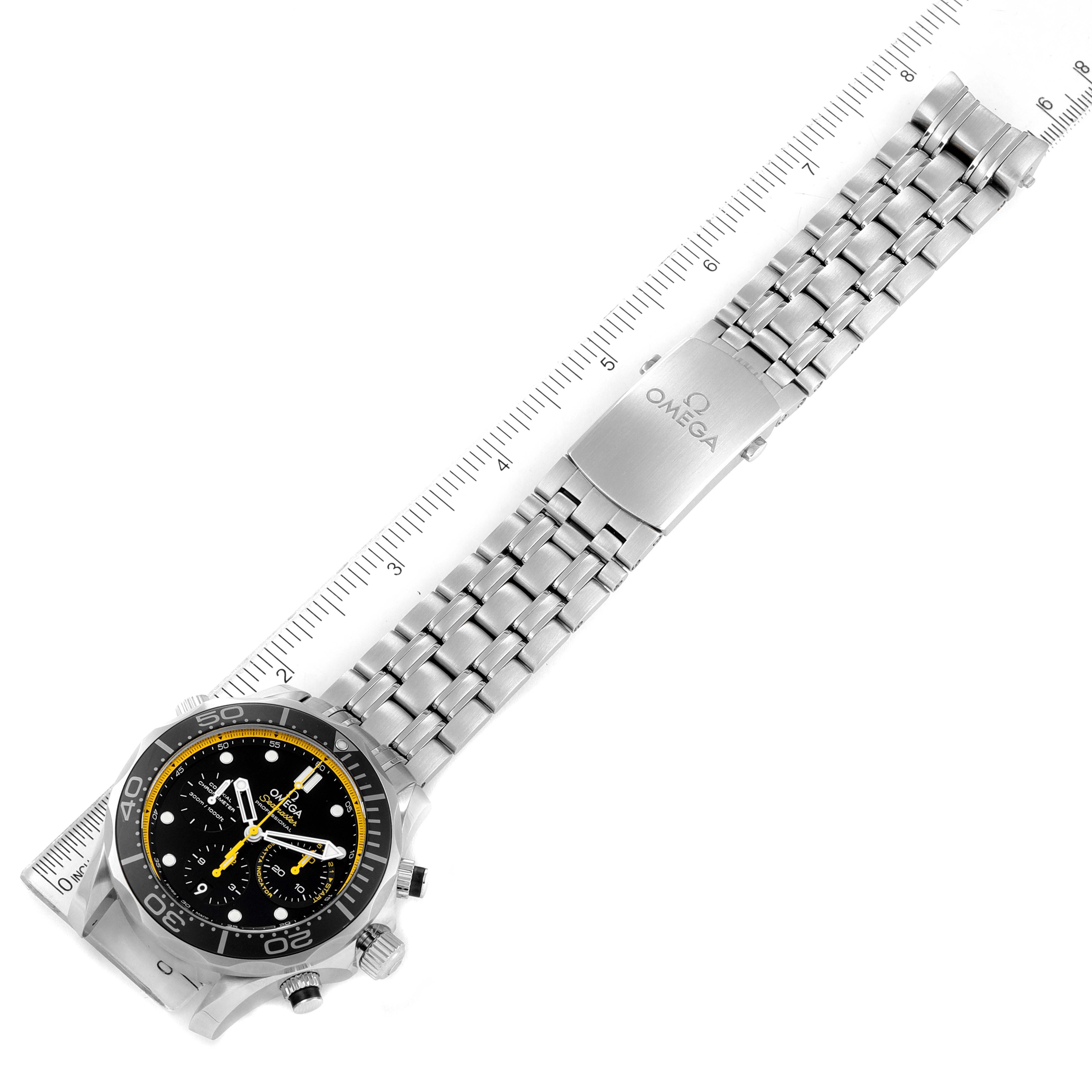 The image shows an Omega Seamaster 212.30.44.50.01.002 Men's Stainless Steel Black Dial 212.30.44.50.01.002 Men's Stainless Steel Black Dial watch from a top-down angle, displaying the full bracelet and clasp.