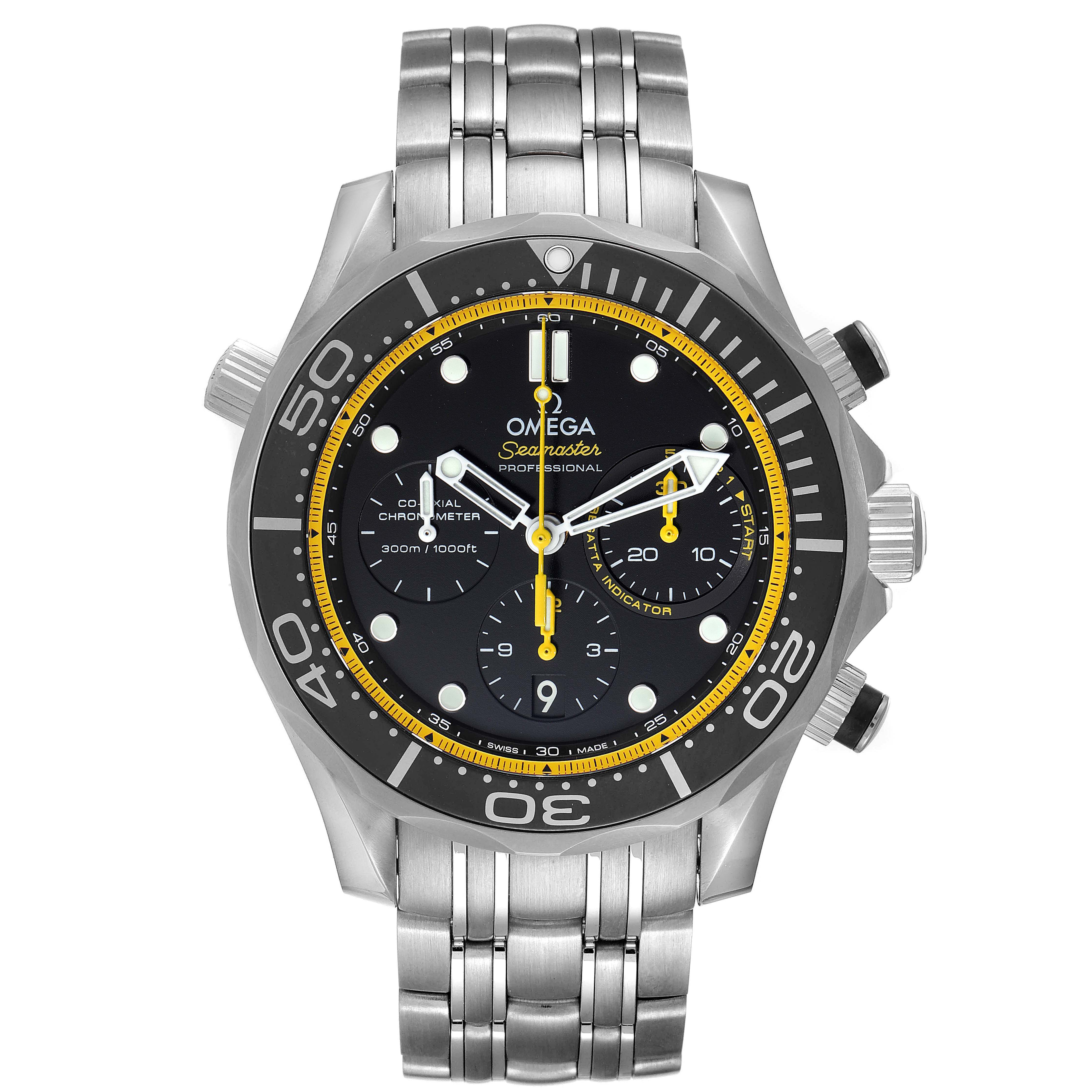 The image shows a front view of the Omega Seamaster 212.30.44.50.01.002 Men's Stainless Steel Black Dial 212.30.44.50.01.002 Men's Stainless Steel Black Dial watch, highlighting its face, bezel, crown, and bracelet.