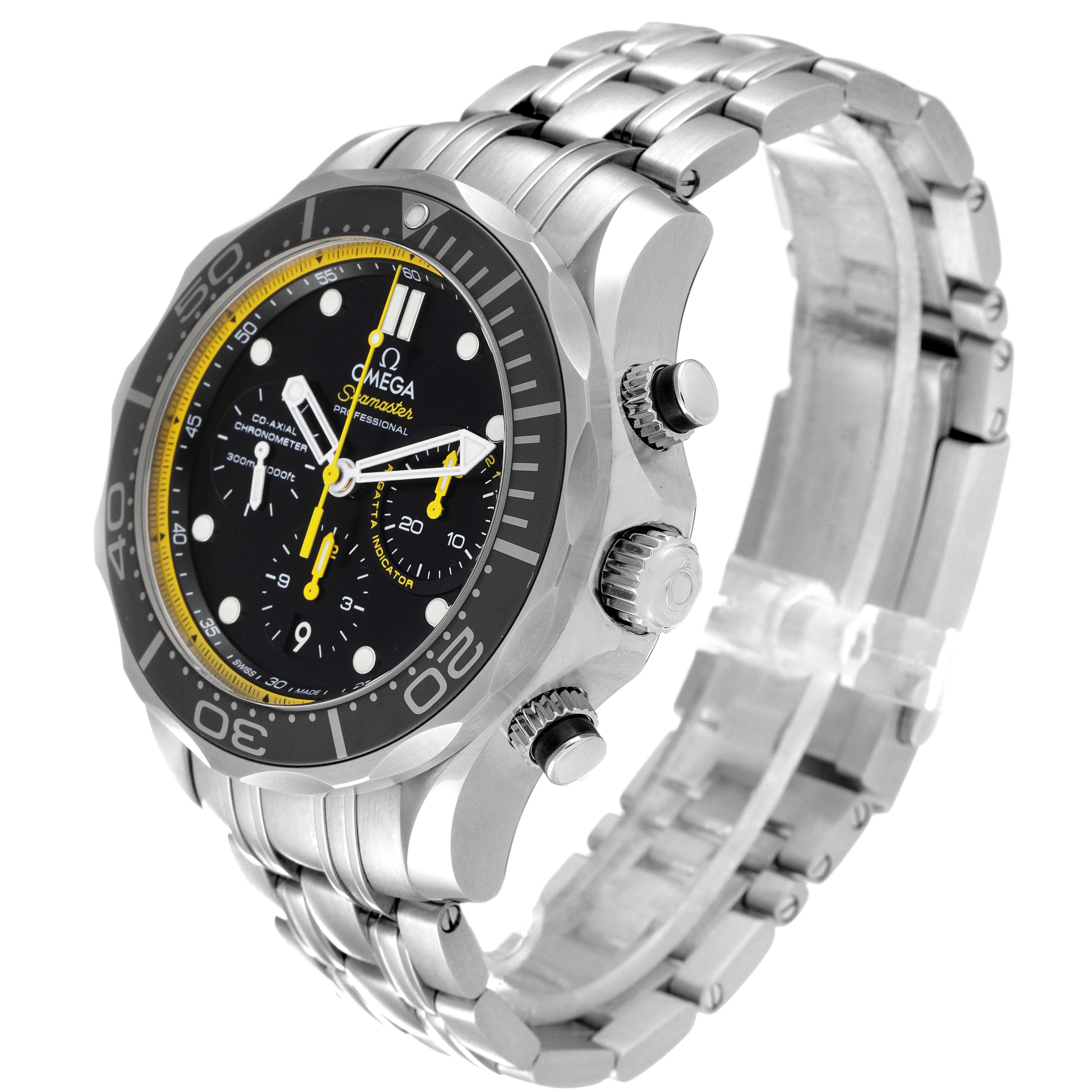 The Omega Seamaster 212.30.44.50.01.002 Men's Stainless Steel Black Dial 212.30.44.50.01.002 Men's Stainless Steel Black Dial watch is shown from an angled side view, highlighting its bezel, dial, and bracelet.