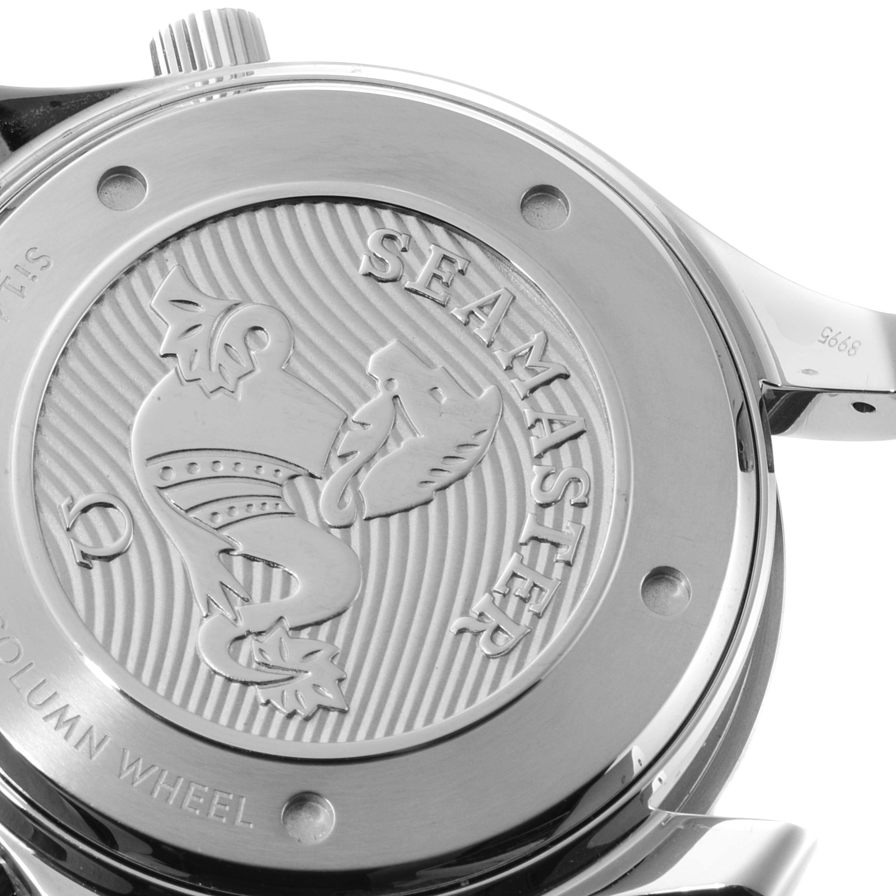 This image shows the back case of the Omega Seamaster 212.30.44.50.01.002 Men's Stainless Steel Black Dial 212.30.44.50.01.002 Men's Stainless Steel Black Dial watch at an angled close-up.