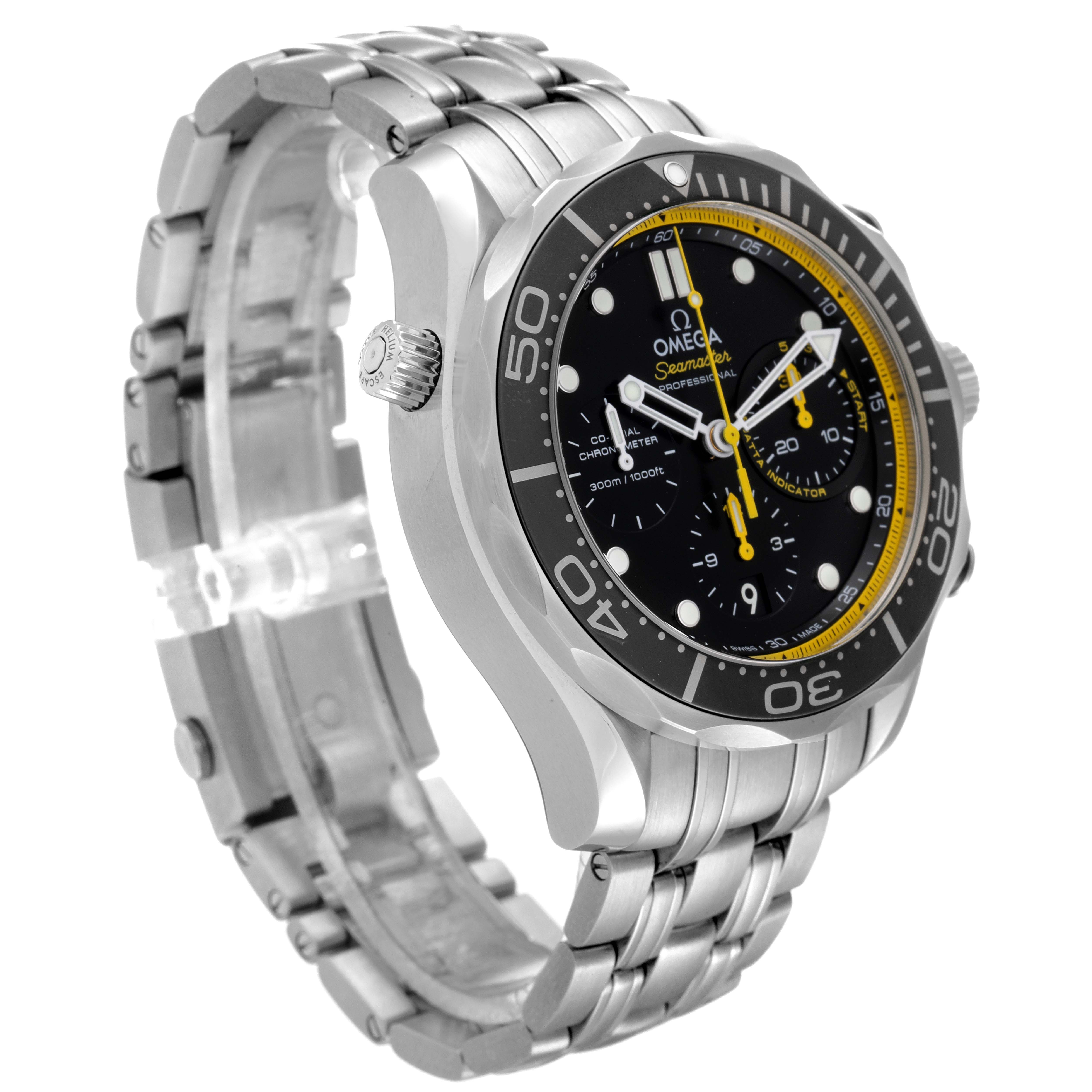 The Omega Seamaster 212.30.44.50.01.002 Men's Stainless Steel Black Dial 212.30.44.50.01.002 Men's Stainless Steel Black Dial watch is shown from a side angle, highlighting the face, bezel, crown, and bracelet.