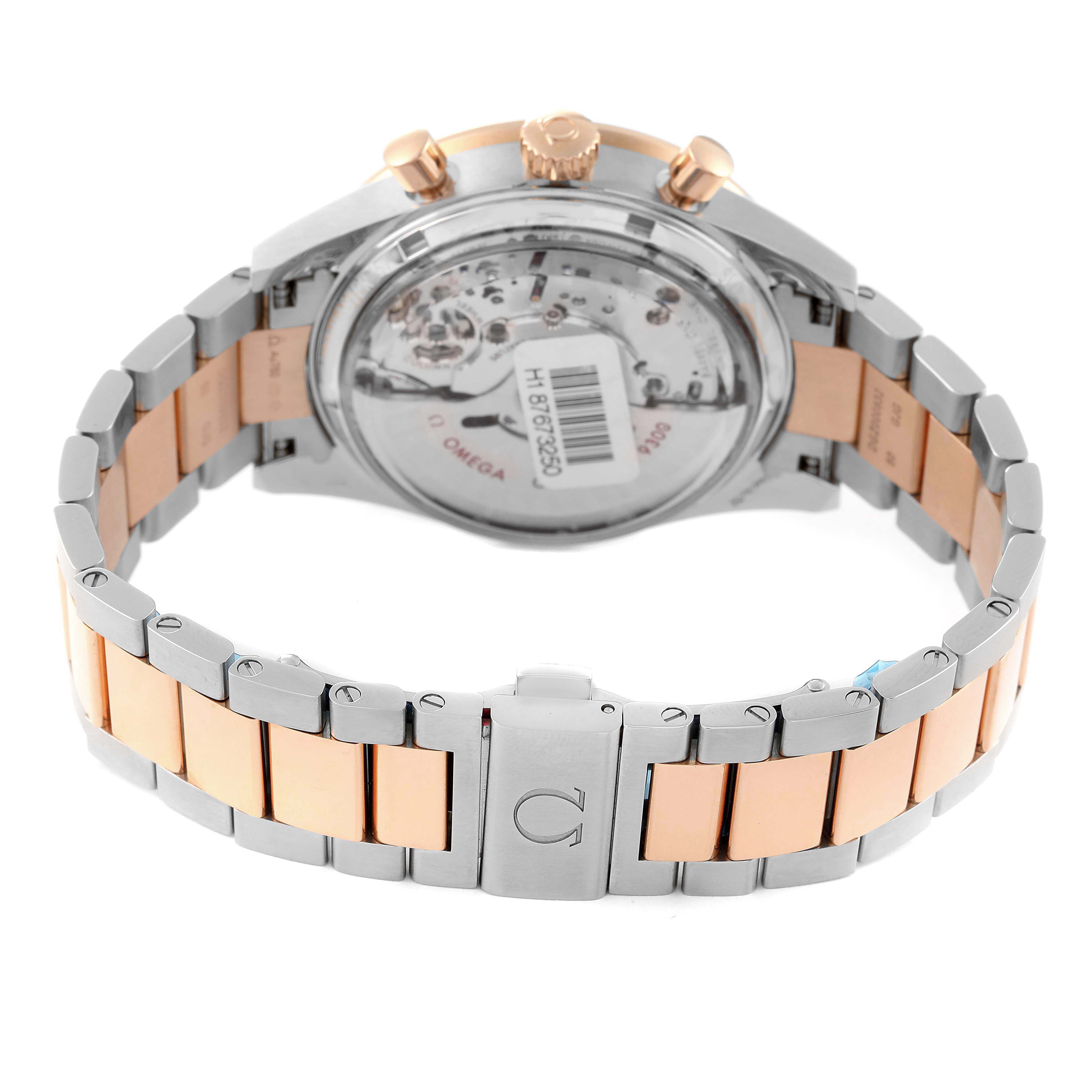 The image shows the back angle of the Omega Speedmaster 331.20.42.51.01.002 Men's Steel and Gold (two tone) Black Dial 331.20.42.51.01.002 Men's Steel and Gold (two tone) Black Dial watch, highlighting the transparent case back and two-tone bracelet.