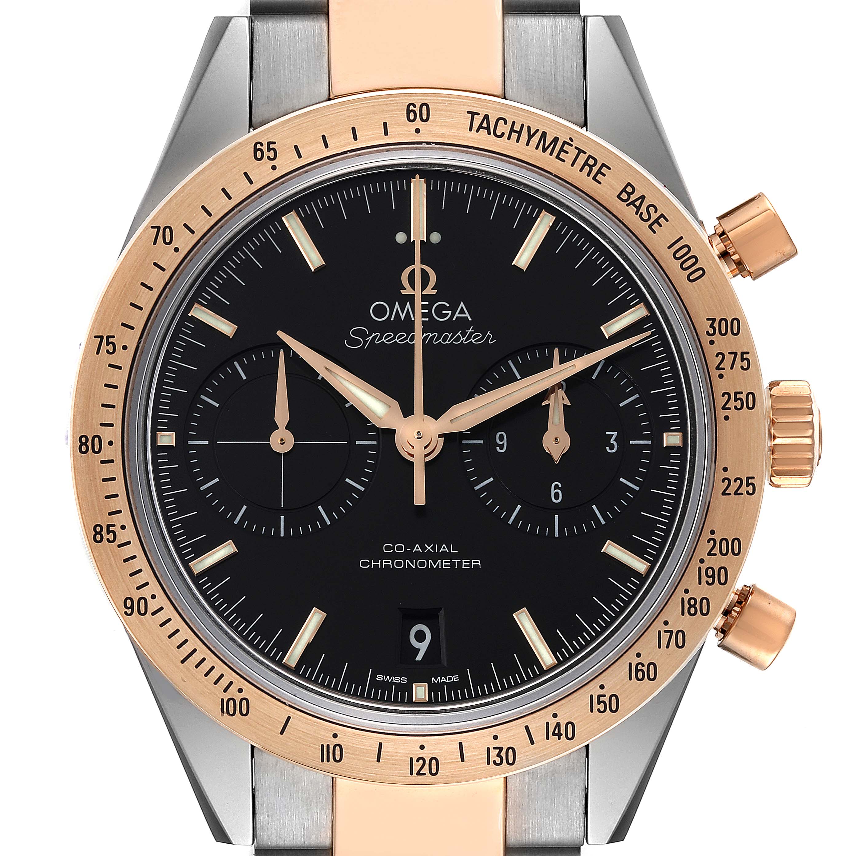 The image shows a frontal view of the Omega Speedmaster 331.20.42.51.01.002 Men's Steel and Gold (two tone) Black Dial 331.20.42.51.01.002 Men's Steel and Gold (two tone) Black Dial watch, highlighting the dial, bezel, and pushers.