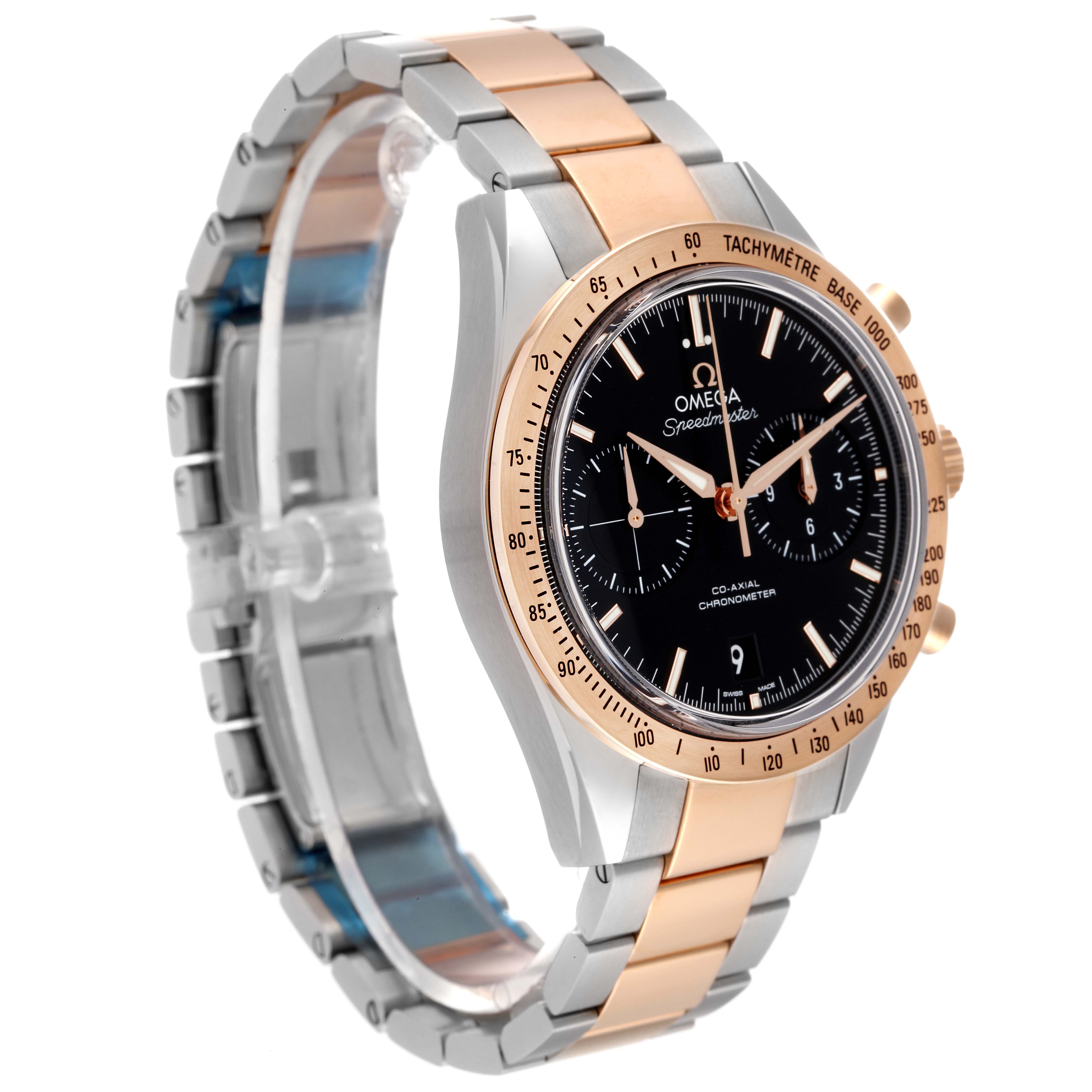 This Omega Speedmaster 331.20.42.51.01.002 Men's Steel and Gold (two tone) Black Dial 331.20.42.51.01.002 Men's Steel and Gold (two tone) Black Dial watch is shown at a slight left side angle, highlighting its case, dial, and bracelet.