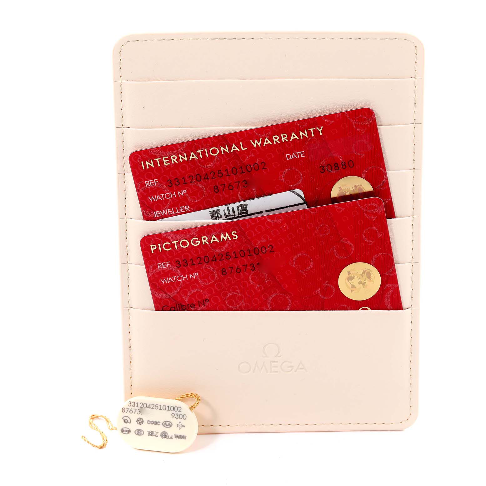 The image shows warranty cards and a tag for an Omega Speedmaster 331.20.42.51.01.002 Men's Steel and Gold (two tone) Black Dial 331.20.42.51.01.002 Men's Steel and Gold (two tone) Black Dial, placed in a beige cardholder.