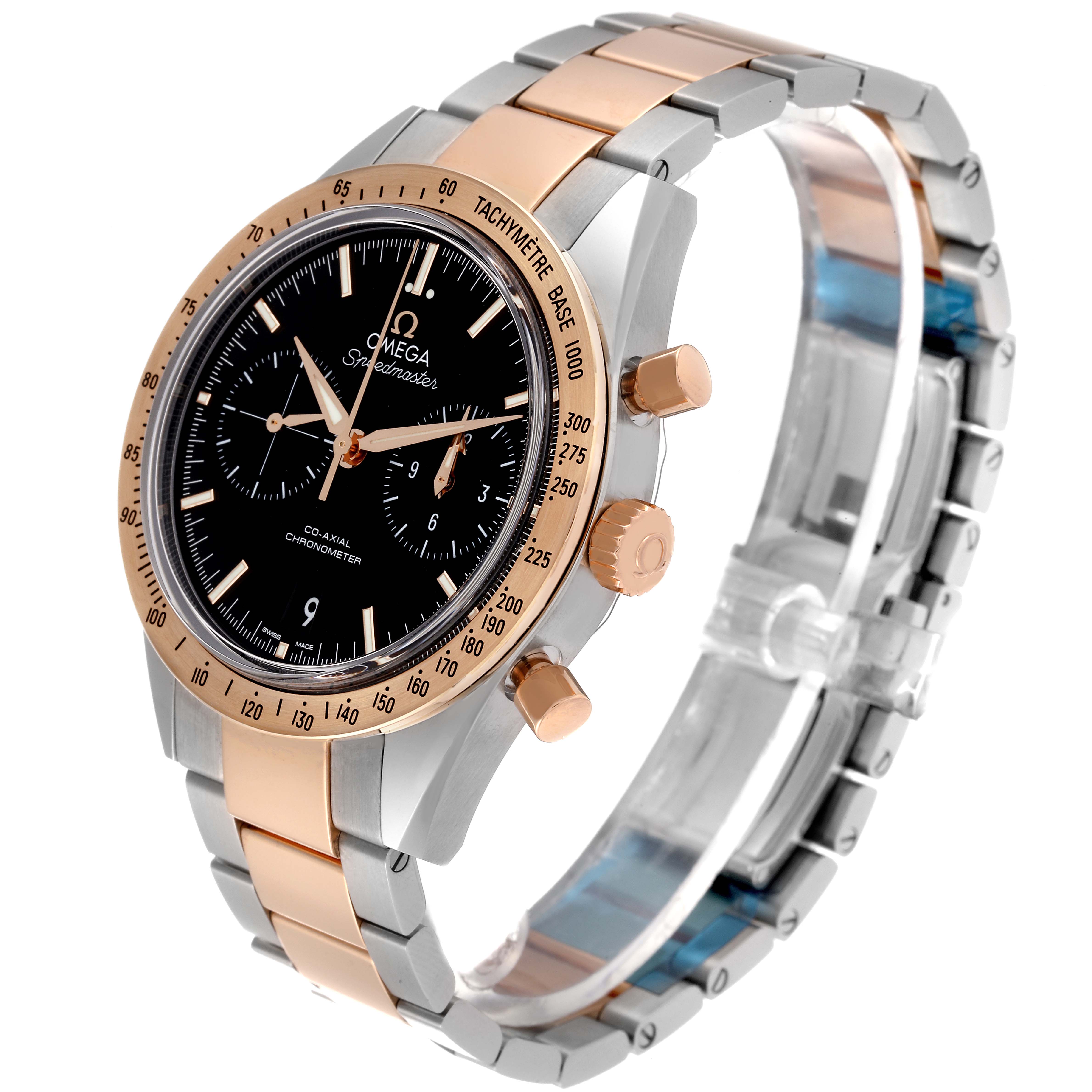 This image shows an Omega Speedmaster 331.20.42.51.01.002 Men's Steel and Gold (two tone) Black Dial 331.20.42.51.01.002 Men's Steel and Gold (two tone) Black Dial watch at an angle showcasing its face, bezel, crown, and bracelet.