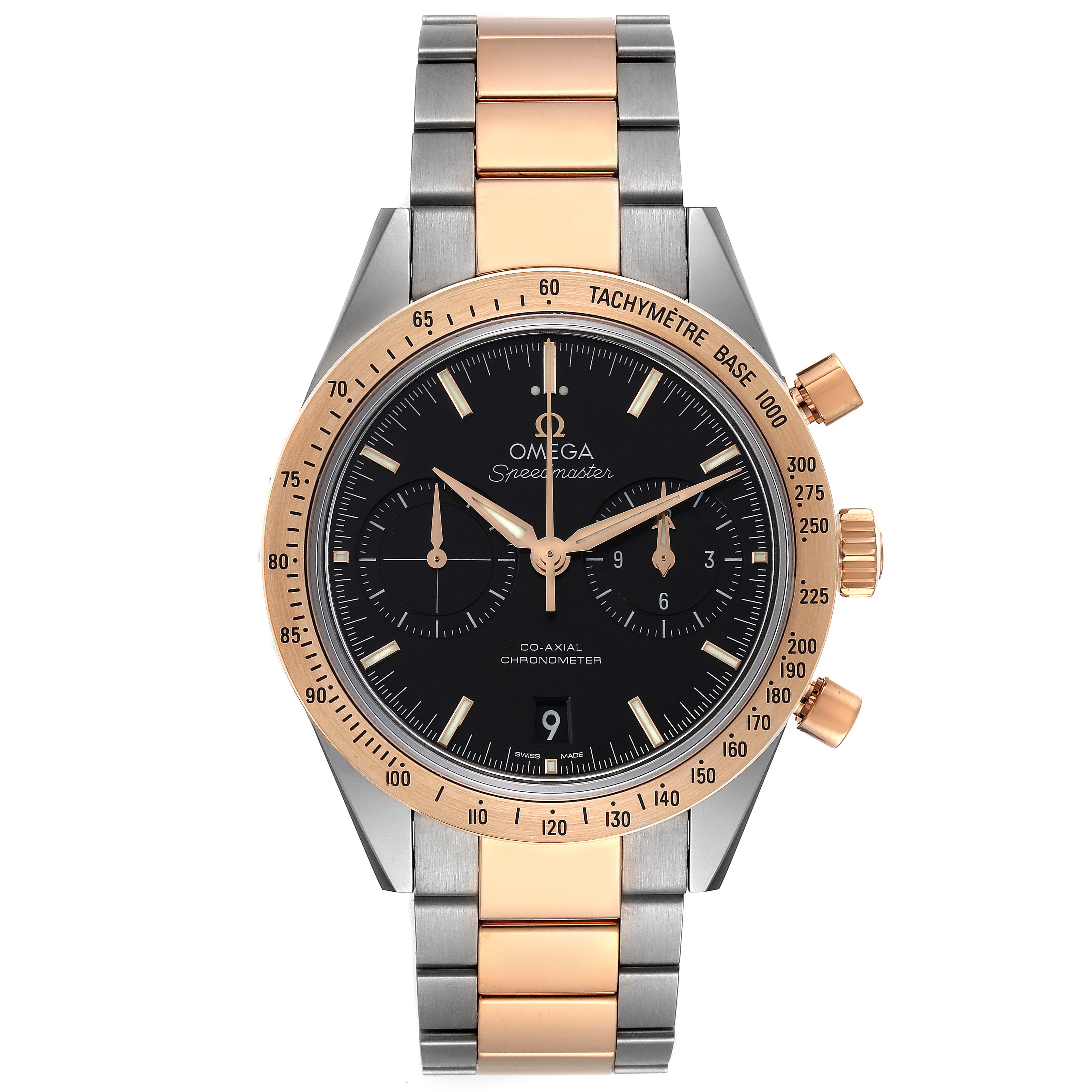 This Omega Speedmaster 331.20.42.51.01.002 Men's Steel and Gold (two tone) Black Dial 331.20.42.51.01.002 Men's Steel and Gold (two tone) Black Dial watch is shown from the front, displaying its face, bezel, and bracelet.