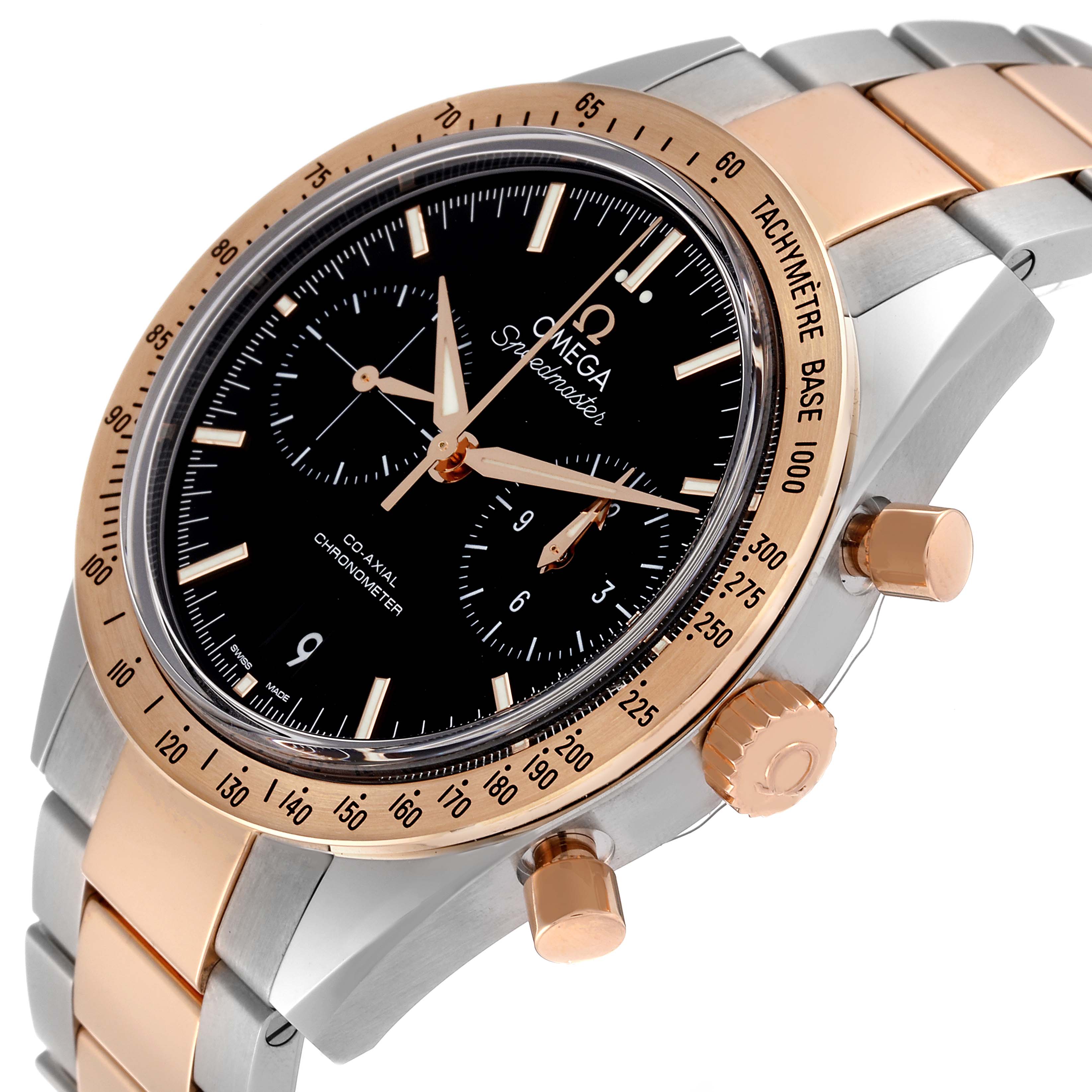 The Omega Speedmaster 331.20.42.51.01.002 Men's Steel and Gold (two tone) Black Dial 331.20.42.51.01.002 Men's Steel and Gold (two tone) Black Dial watch is shown from an angled close-up, highlighting the dial, bezel, crown, and part of the bracelet.