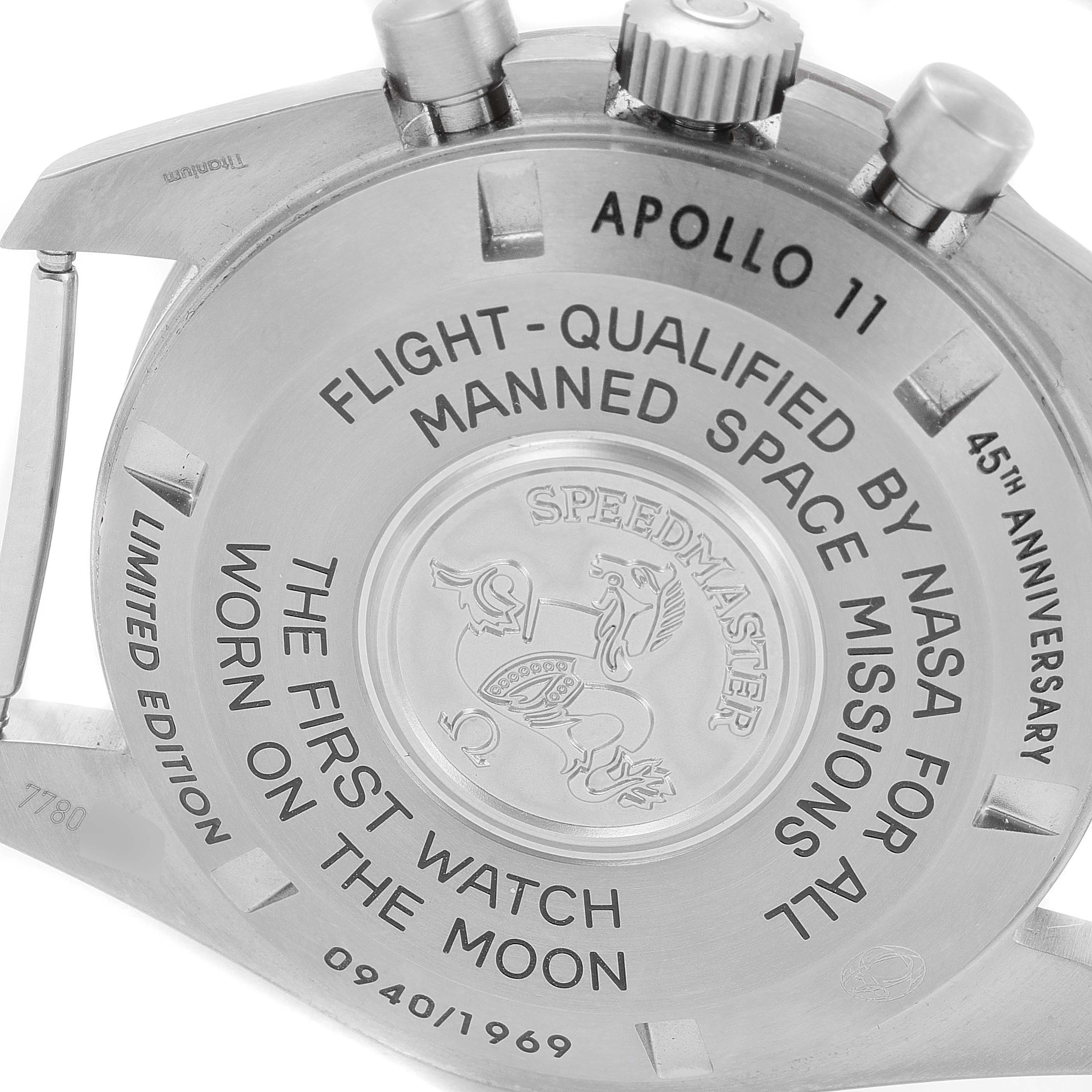 This image shows the case back of an Omega Speedmaster 311.62.42.30.06.001 Men's Titanium Grey Dial 311.62.42.30.06.001 Men's Titanium Grey Dial Apollo 11 45th Anniversary Limited Edition watch.