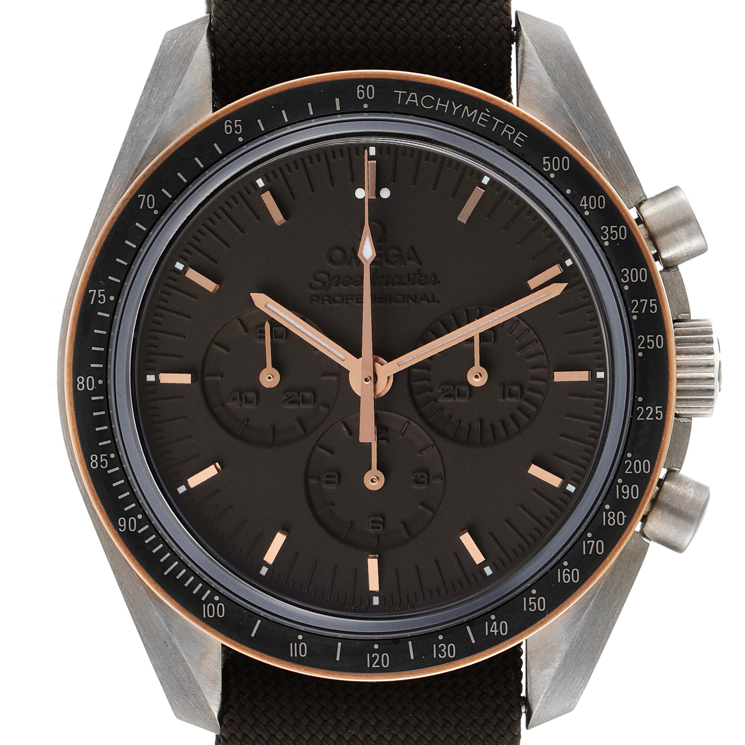 The image shows a close-up front view of an Omega Speedmaster 311.62.42.30.06.001 Men's Titanium Grey Dial 311.62.42.30.06.001 Men's Titanium Grey Dial watch, highlighting the face, bezel, and chronograph dials.