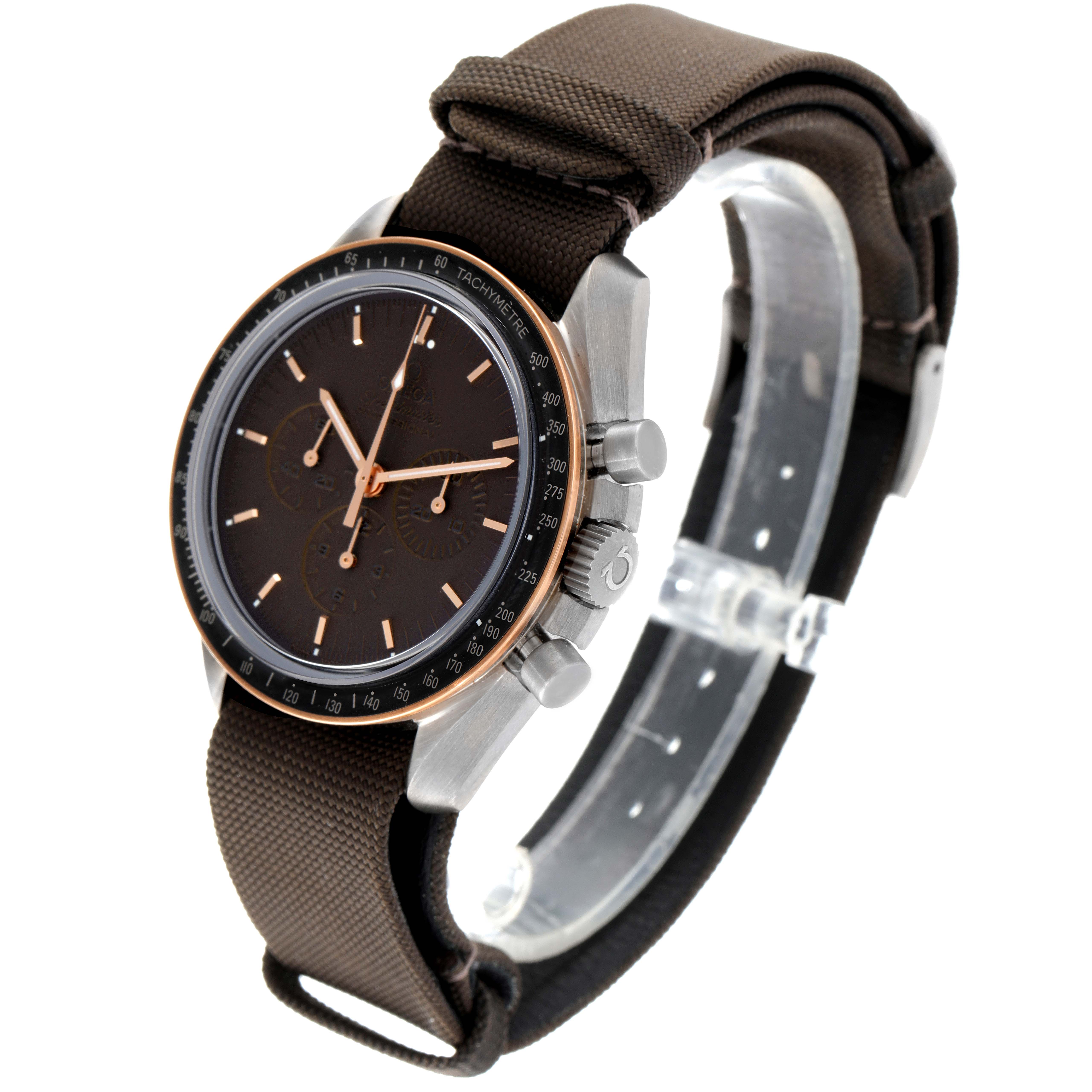 The image shows an angled view of the Omega Speedmaster 311.62.42.30.06.001 Men's Titanium Grey Dial 311.62.42.30.06.001 Men's Titanium Grey Dial watch, highlighting its face, bezel, pushers, and brown strap.