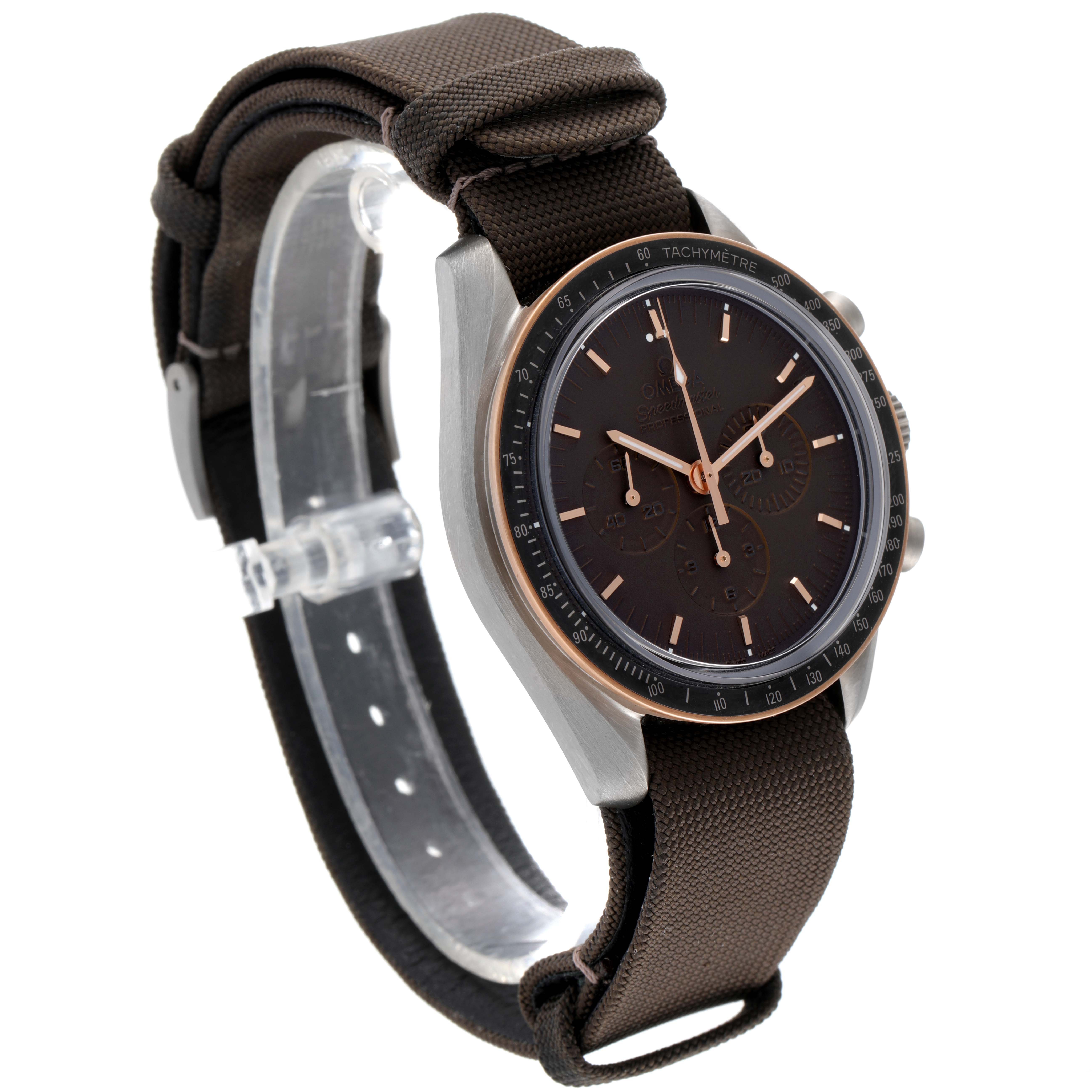 The Omega Speedmaster 311.62.42.30.06.001 Men's Titanium Grey Dial 311.62.42.30.06.001 Men's Titanium Grey Dial watch is shown at a three-quarter angle, displaying the dial, bezel, crown, and fabric strap.