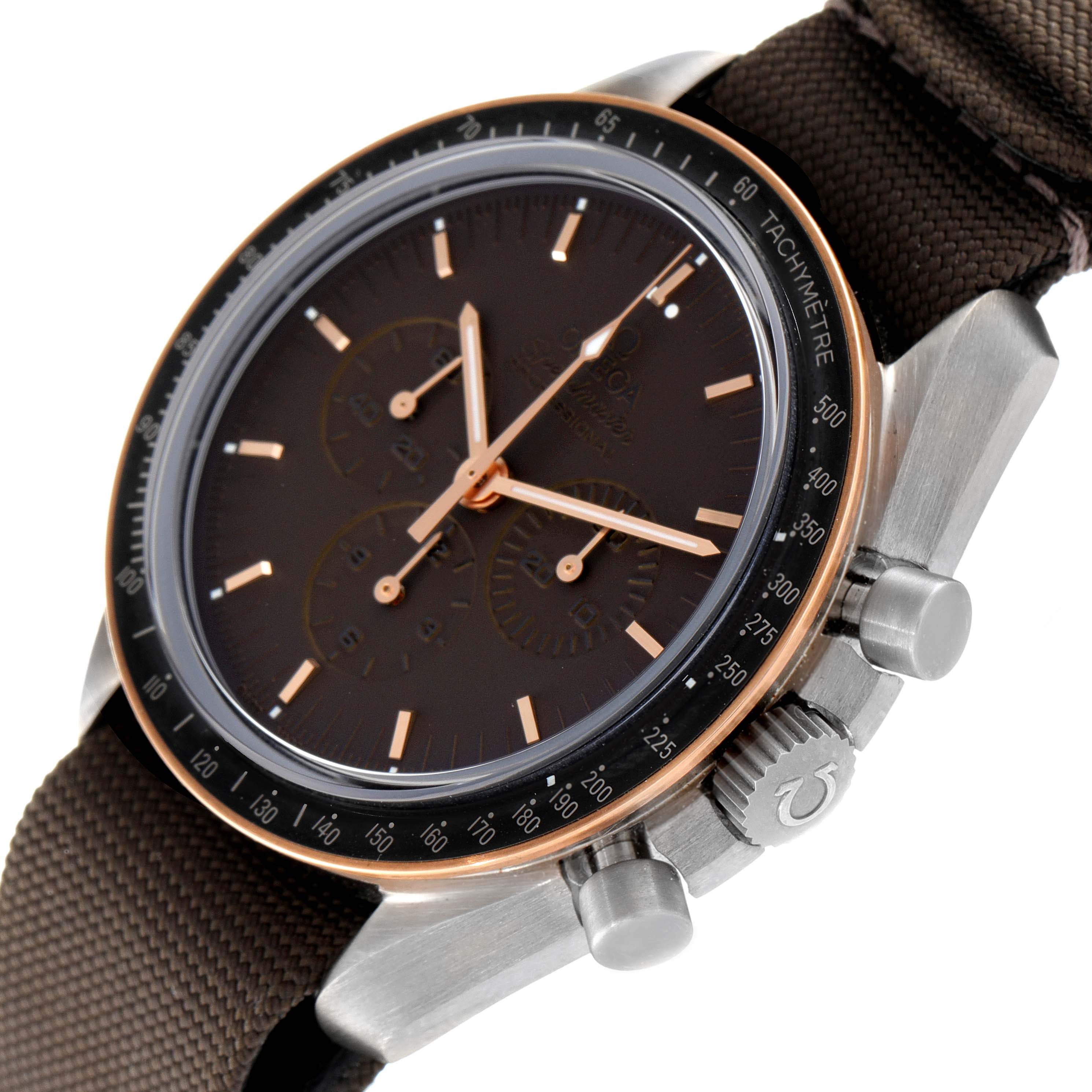 This image shows an angled side view of an Omega Speedmaster 311.62.42.30.06.001 Men's Titanium Grey Dial 311.62.42.30.06.001 Men's Titanium Grey Dial watch, highlighting the dial, tachymeter, bezel, and crown.