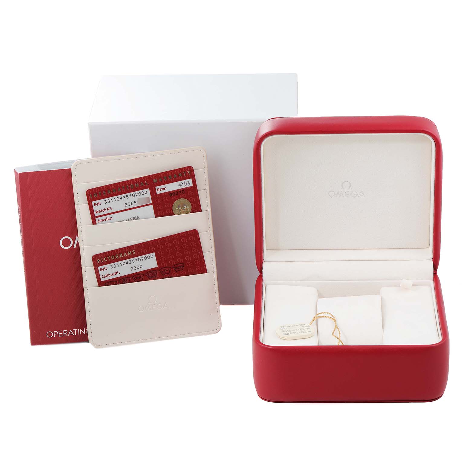 The image shows the packaging, warranty cards, and case for an Omega Speedmaster 331.10.42.51.02.002 Men's Stainless Steel Silver Dial 331.10.42.51.02.002 Men's Stainless Steel Silver Dial watch, from a front-facing angle.