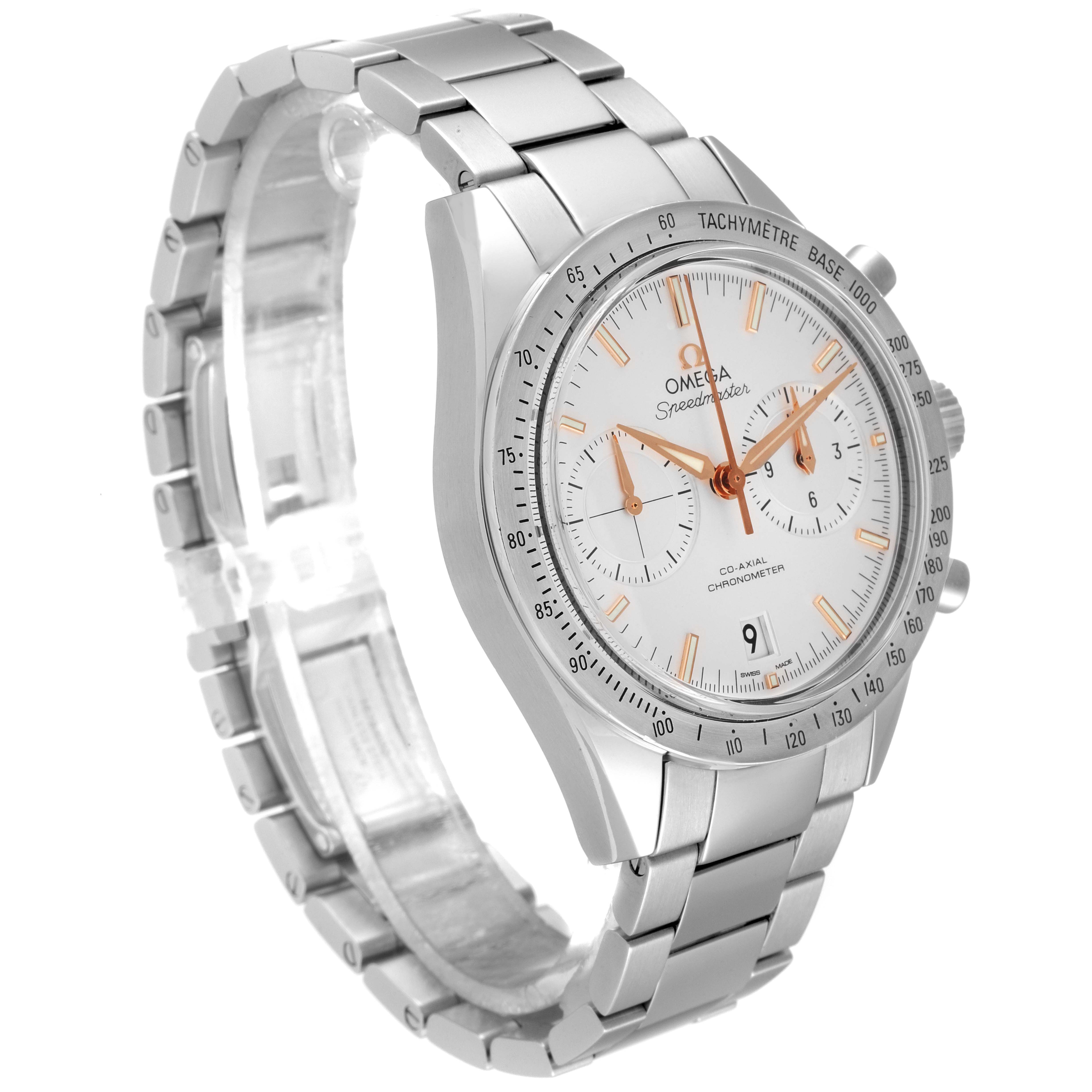 The Omega Speedmaster 331.10.42.51.02.002 Men's Stainless Steel Silver Dial 331.10.42.51.02.002 Men's Stainless Steel Silver Dial watch is shown at a three-quarter angle, highlighting the face, bezel, and stainless steel bracelet.