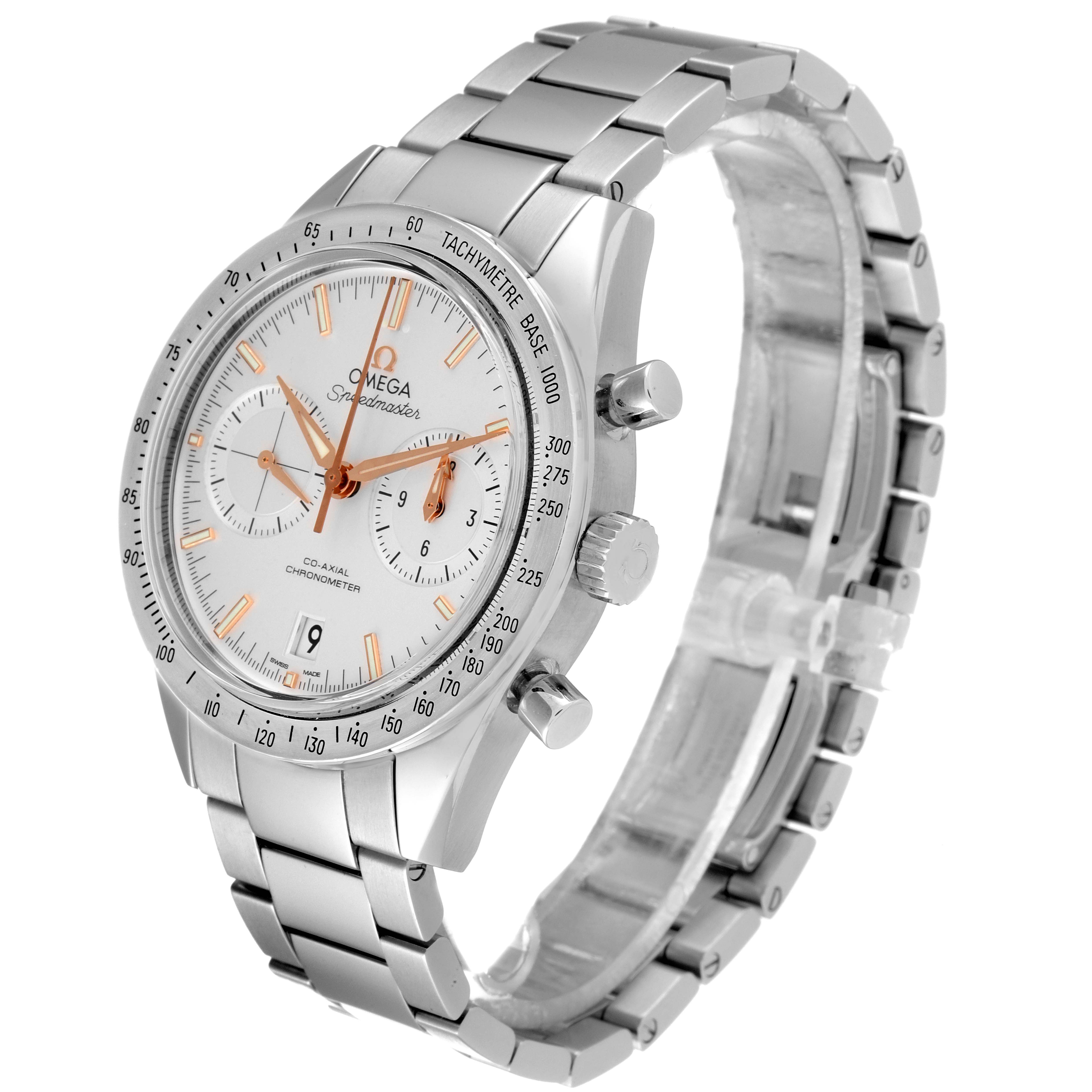 The image shows an Omega Speedmaster 331.10.42.51.02.002 Men's Stainless Steel Silver Dial 331.10.42.51.02.002 Men's Stainless Steel Silver Dial watch at a three-quarter angle, highlighting its dial, tachymeter bezel, pushers, and metal bracelet.