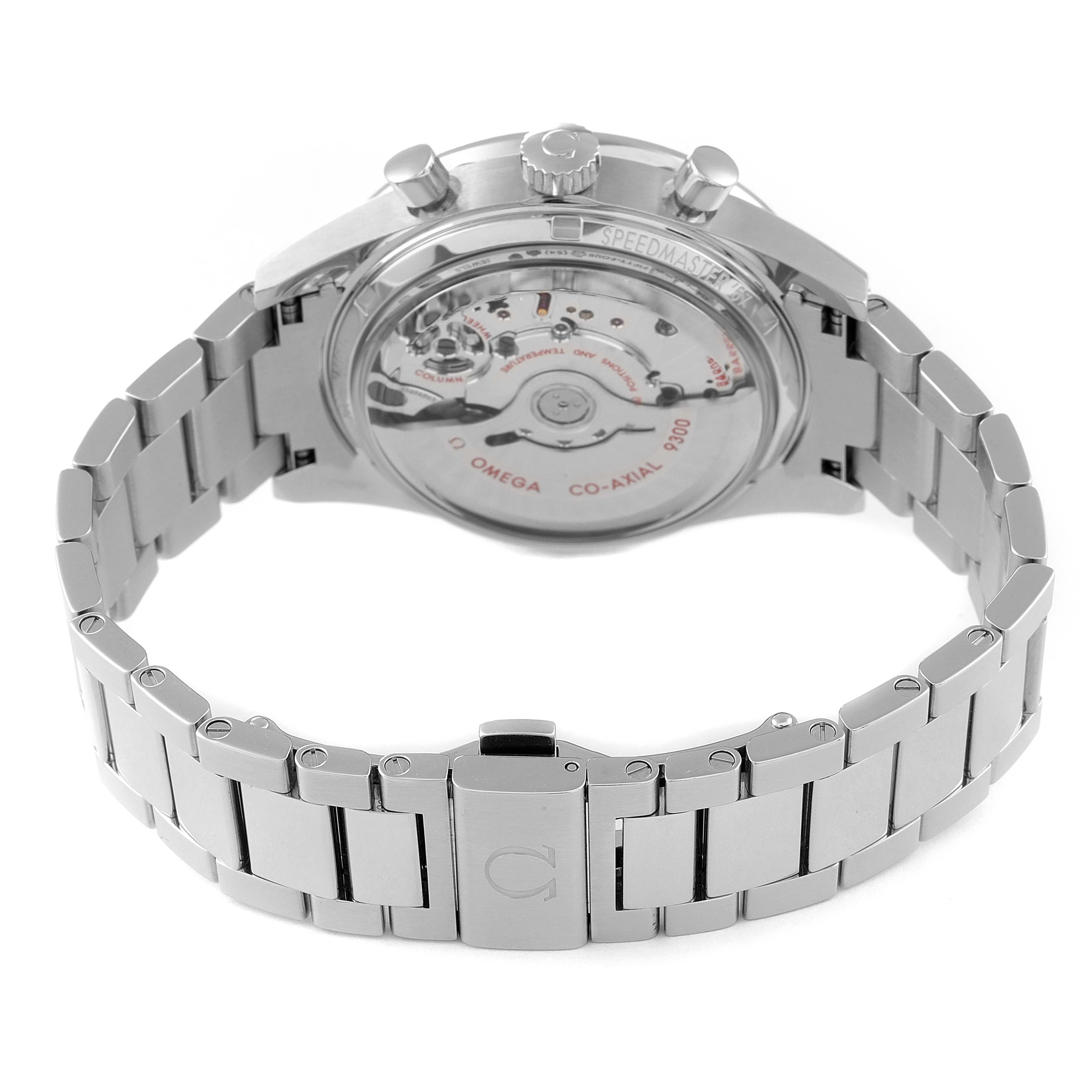 The image shows the back and bracelet of an Omega Speedmaster 331.10.42.51.02.002 Men's Stainless Steel Silver Dial 331.10.42.51.02.002 Men's Stainless Steel Silver Dial watch with a clear view of the movement.