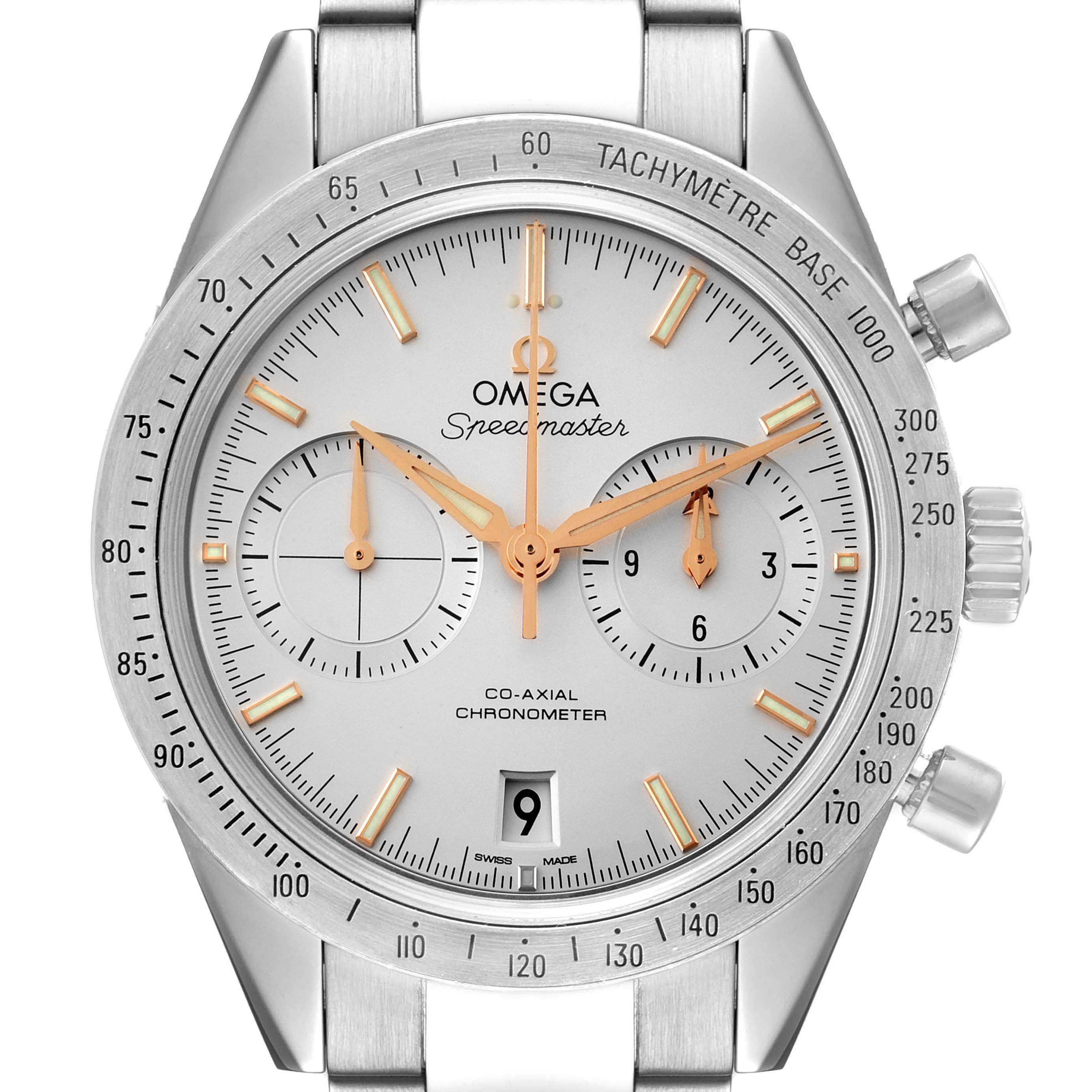 The Omega Speedmaster 331.10.42.51.02.002 Men's Stainless Steel Silver Dial 331.10.42.51.02.002 Men's Stainless Steel Silver Dial watch is shown from the front, highlighting the dial, tachymeter bezel, and chronograph sub-dials.