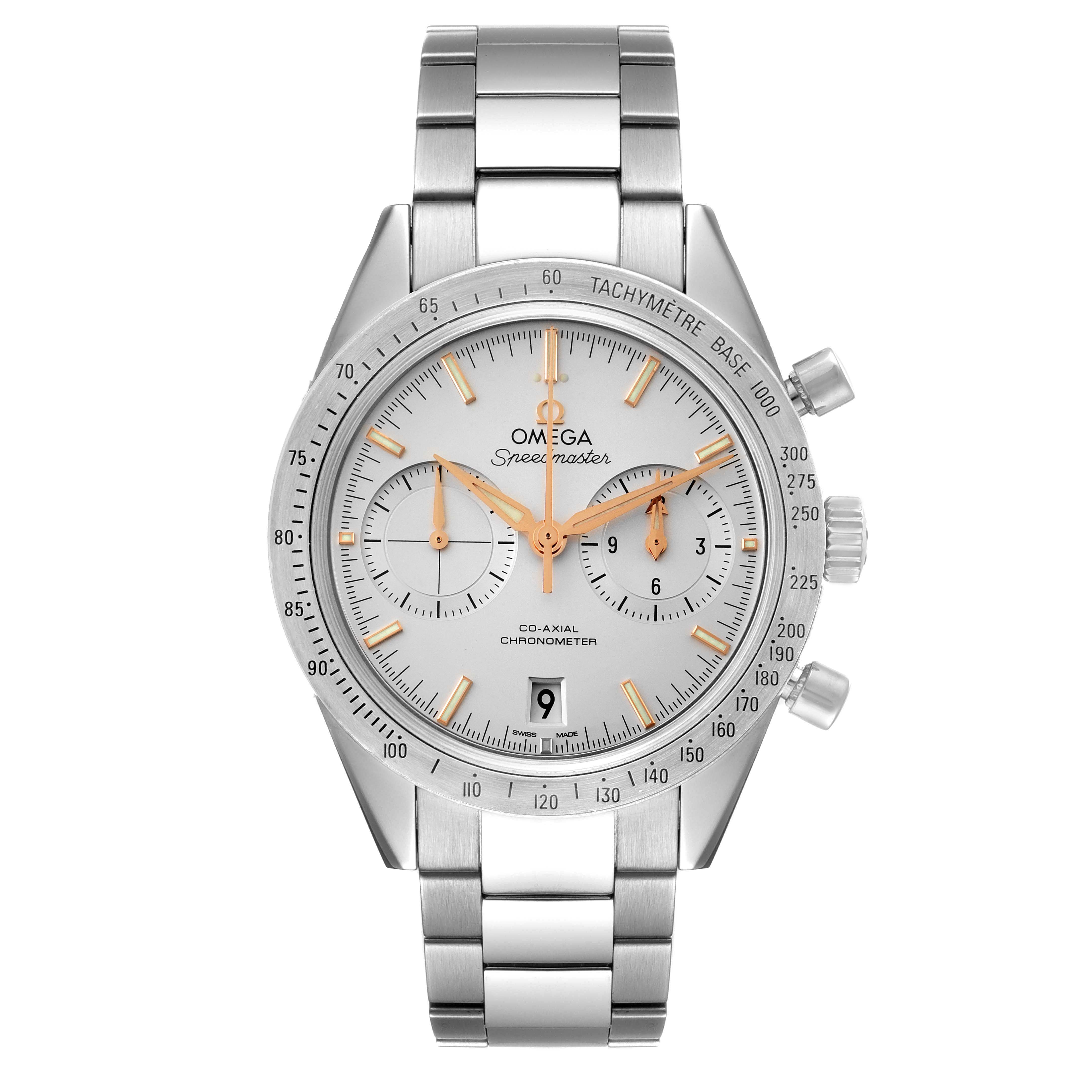The image shows a front view of an Omega Speedmaster 331.10.42.51.02.002 Men's Stainless Steel Silver Dial 331.10.42.51.02.002 Men's Stainless Steel Silver Dial watch, displaying its dial, tachymetre bezel, and stainless steel bracelet.