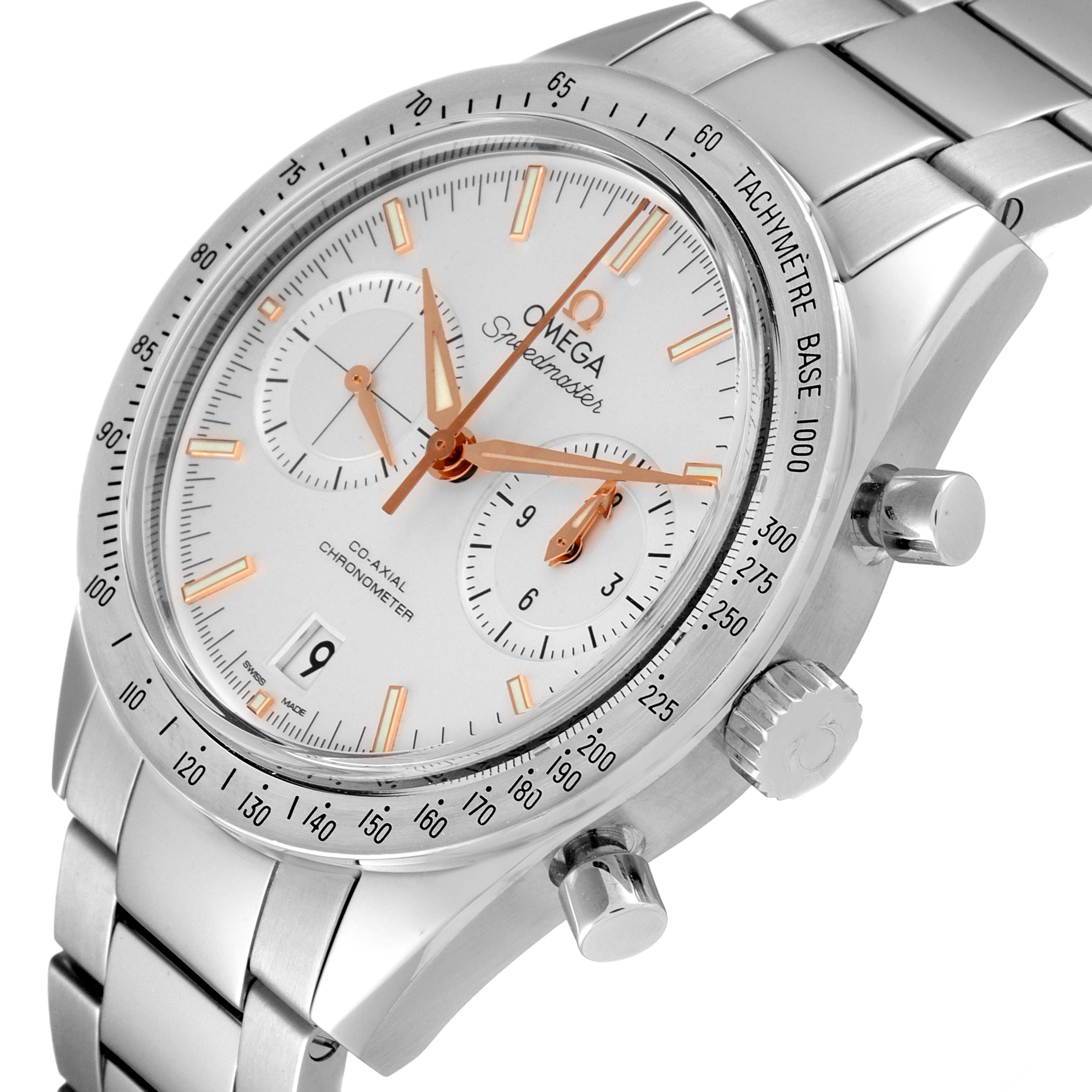 The image shows a close-up of an Omega Speedmaster 331.10.42.51.02.002 Men's Stainless Steel Silver Dial 331.10.42.51.02.002 Men's Stainless Steel Silver Dial watch, highlighting the face, bezel, and part of the bracelet at a slight angle.