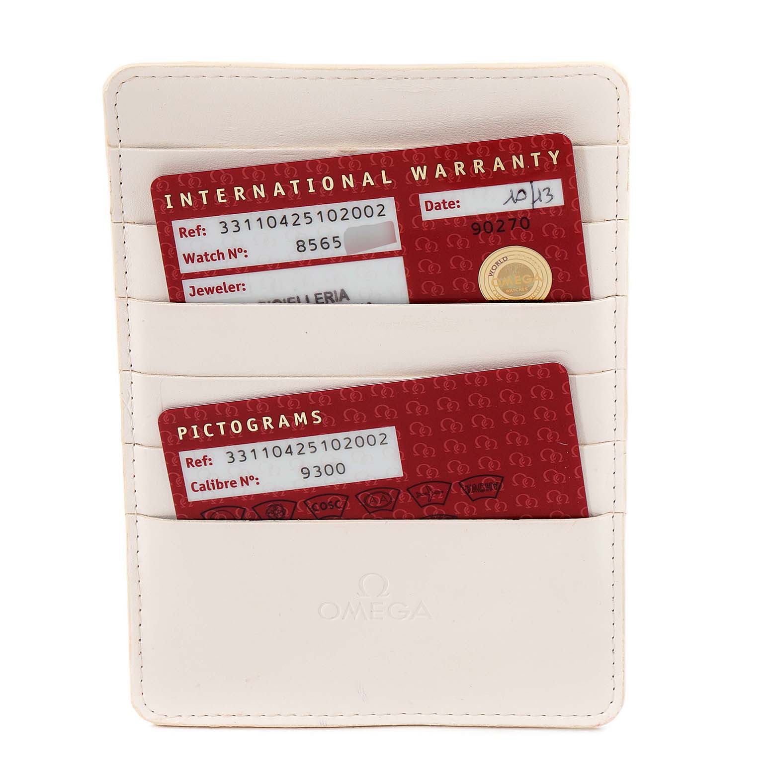 The image shows Omega Speedmaster 331.10.42.51.02.002 Men's Stainless Steel Silver Dial 331.10.42.51.02.002 Men's Stainless Steel Silver Dial's international warranty and pictogram cards in a card holder.