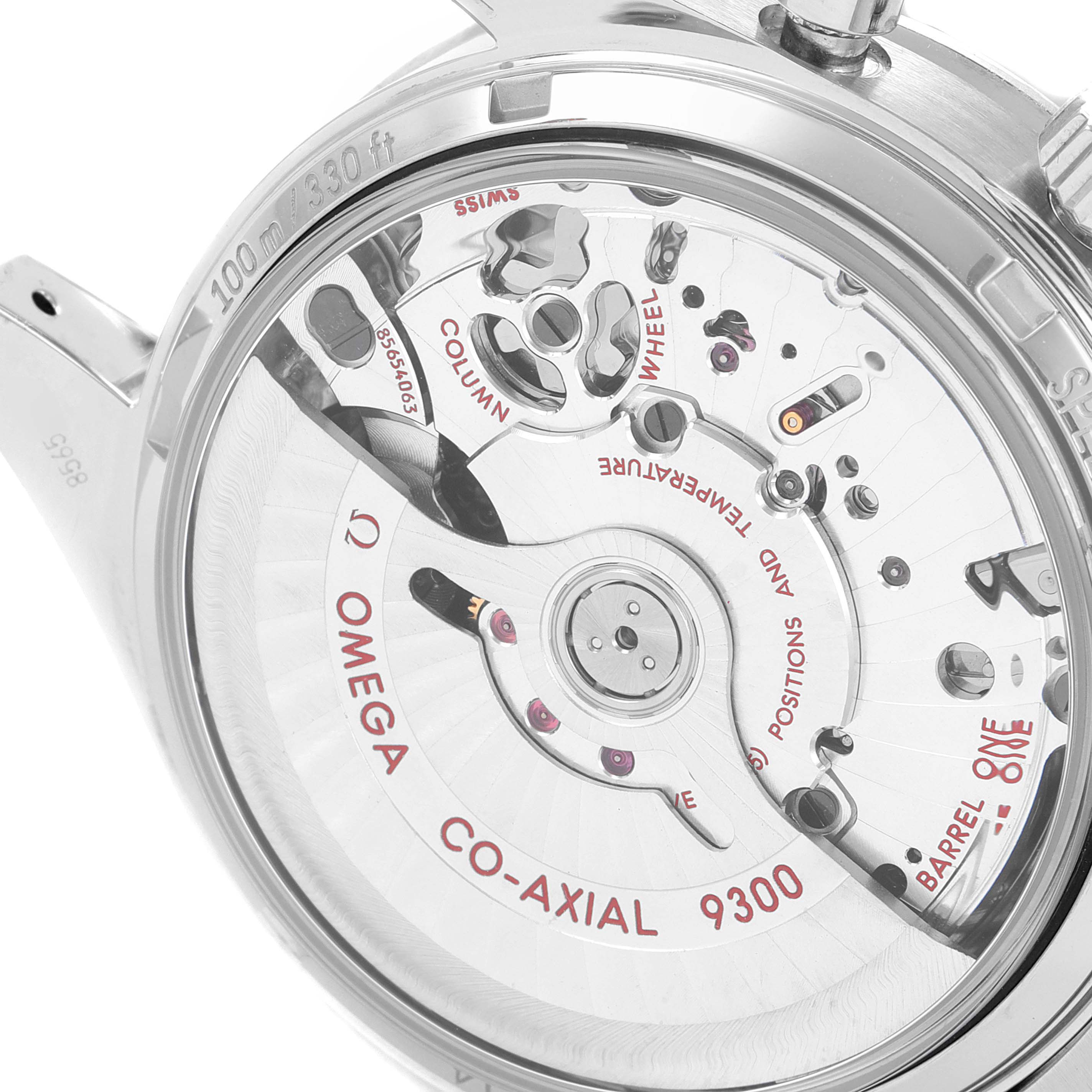 The image shows the back view of an Omega Speedmaster 331.10.42.51.02.002 Men's Stainless Steel Silver Dial 331.10.42.51.02.002 Men's Stainless Steel Silver Dial watch, highlighting the Co-Axial 9300 movement and inner mechanical components.