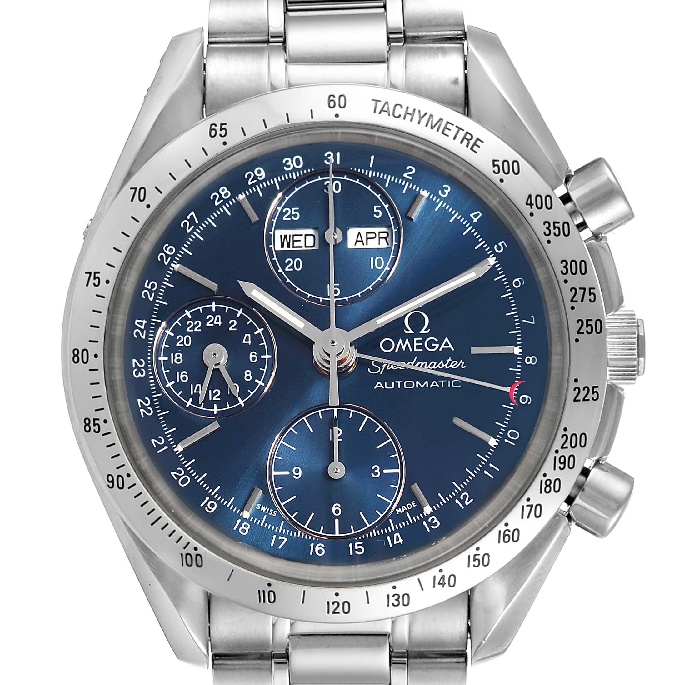 The image shows a frontal view of the Omega Speedmaster 3521.80.00 Men
s Stainless Steel Blue Dial 3521.80.00 Men
s Stainless Steel Blue Dial watch, highlighting its dial, chronograph sub-dials, and stainless steel bracelet.