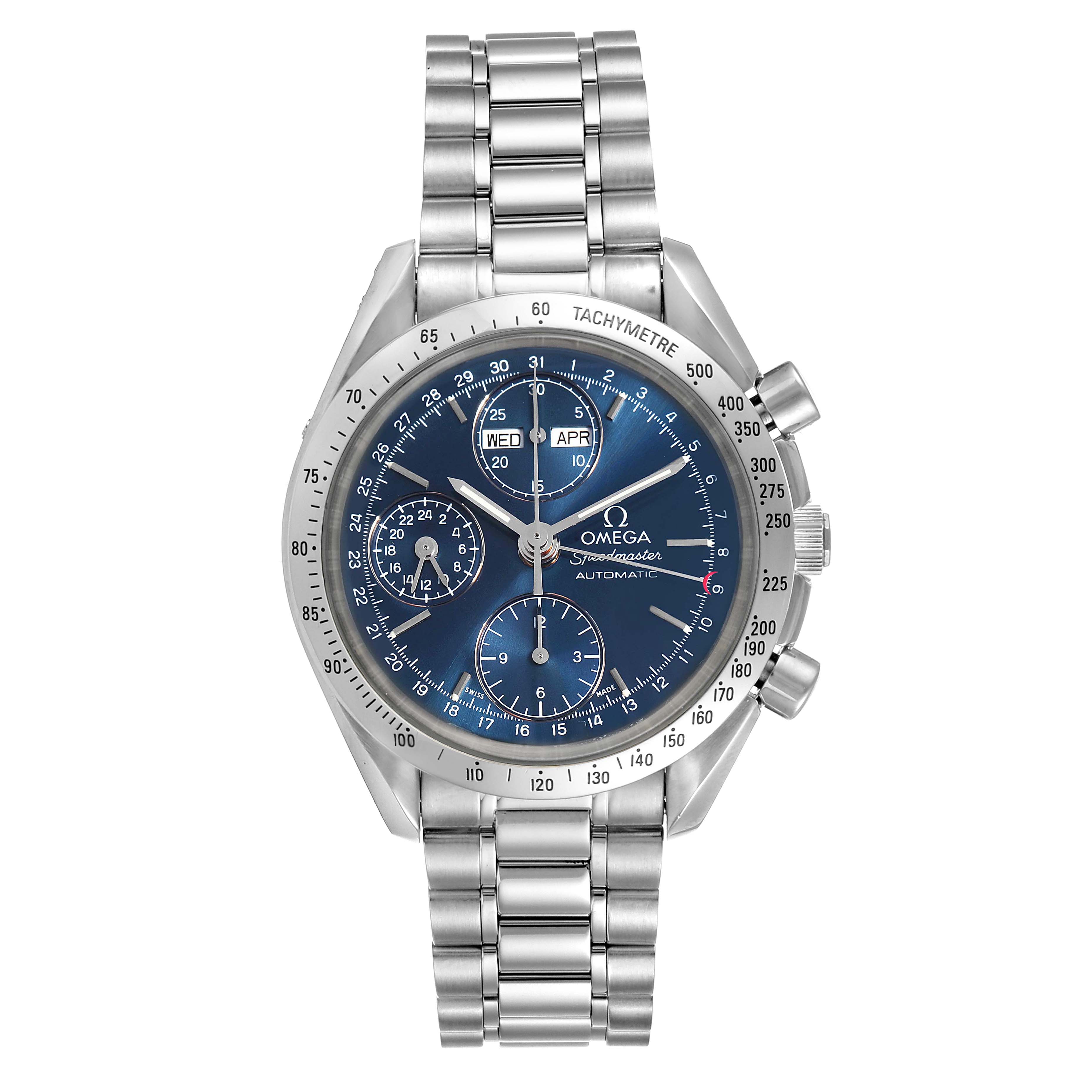 This image shows a front view of an Omega Speedmaster 3521.80.00 Men
s Stainless Steel Blue Dial 3521.80.00 Men
s Stainless Steel Blue Dial watch displaying the dial, subdials, bezel, and bracelet.