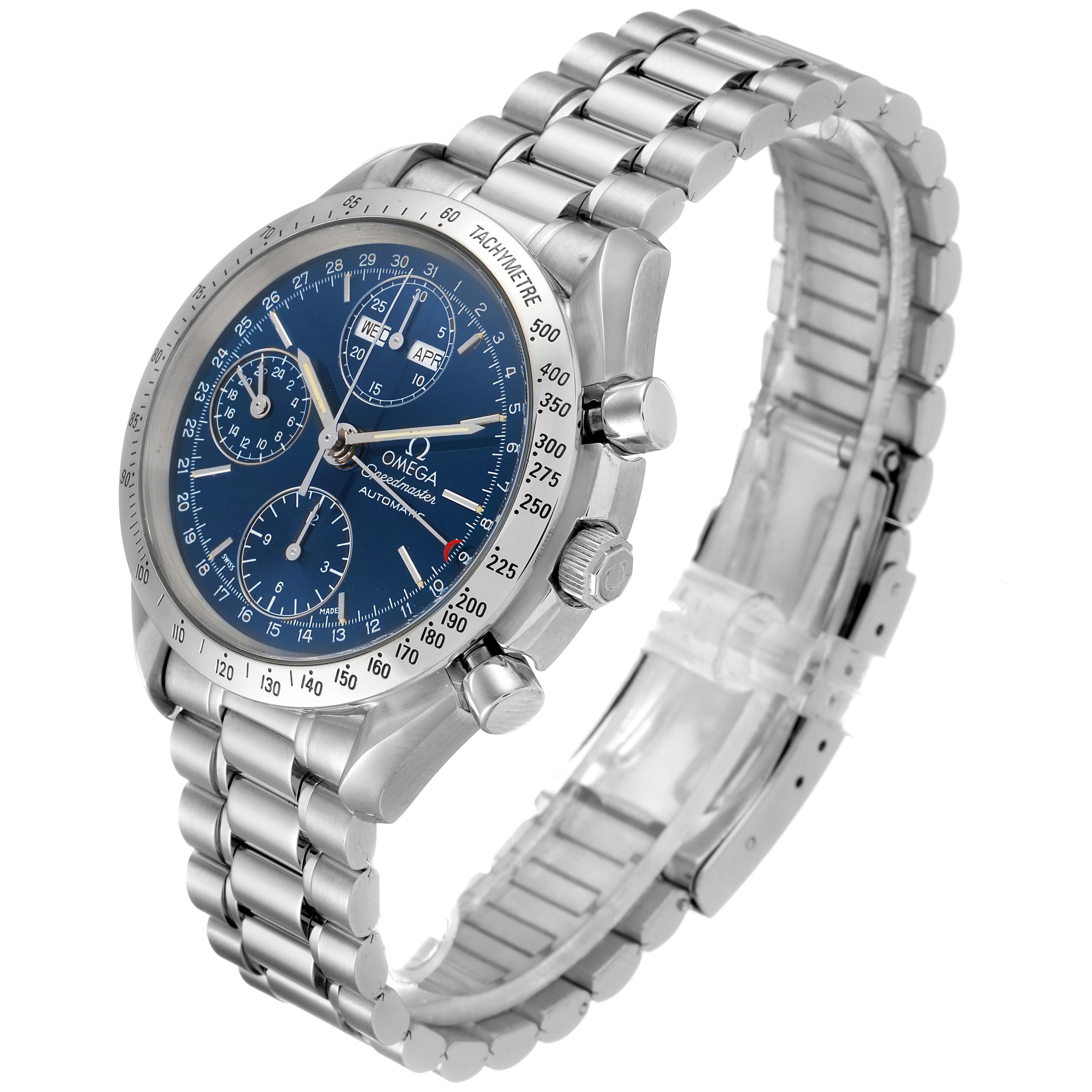 The image shows a three-quarters view of an Omega Speedmaster 3521.80.00 Men
s Stainless Steel Blue Dial 3521.80.00 Men
s Stainless Steel Blue Dial watch displaying its face, bezel, crown, pushers, and bracelet.