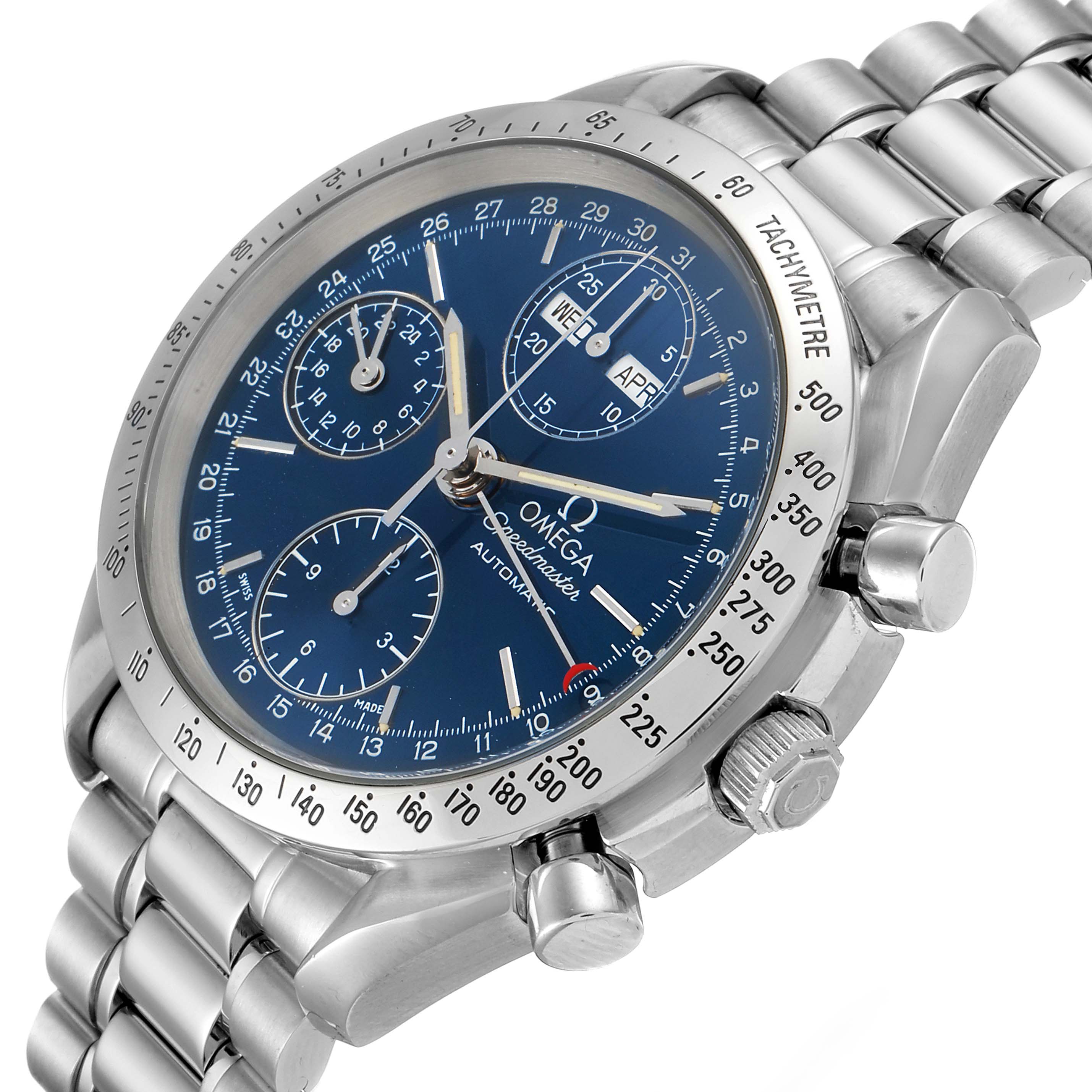 The Omega Speedmaster 3521.80.00 Men
s Stainless Steel Blue Dial 3521.80.00 Men
s Stainless Steel Blue Dial watch is shown at a slight angle, highlighting its blue dial, tachymeter bezel, chronograph subdials, and metal bracelet.