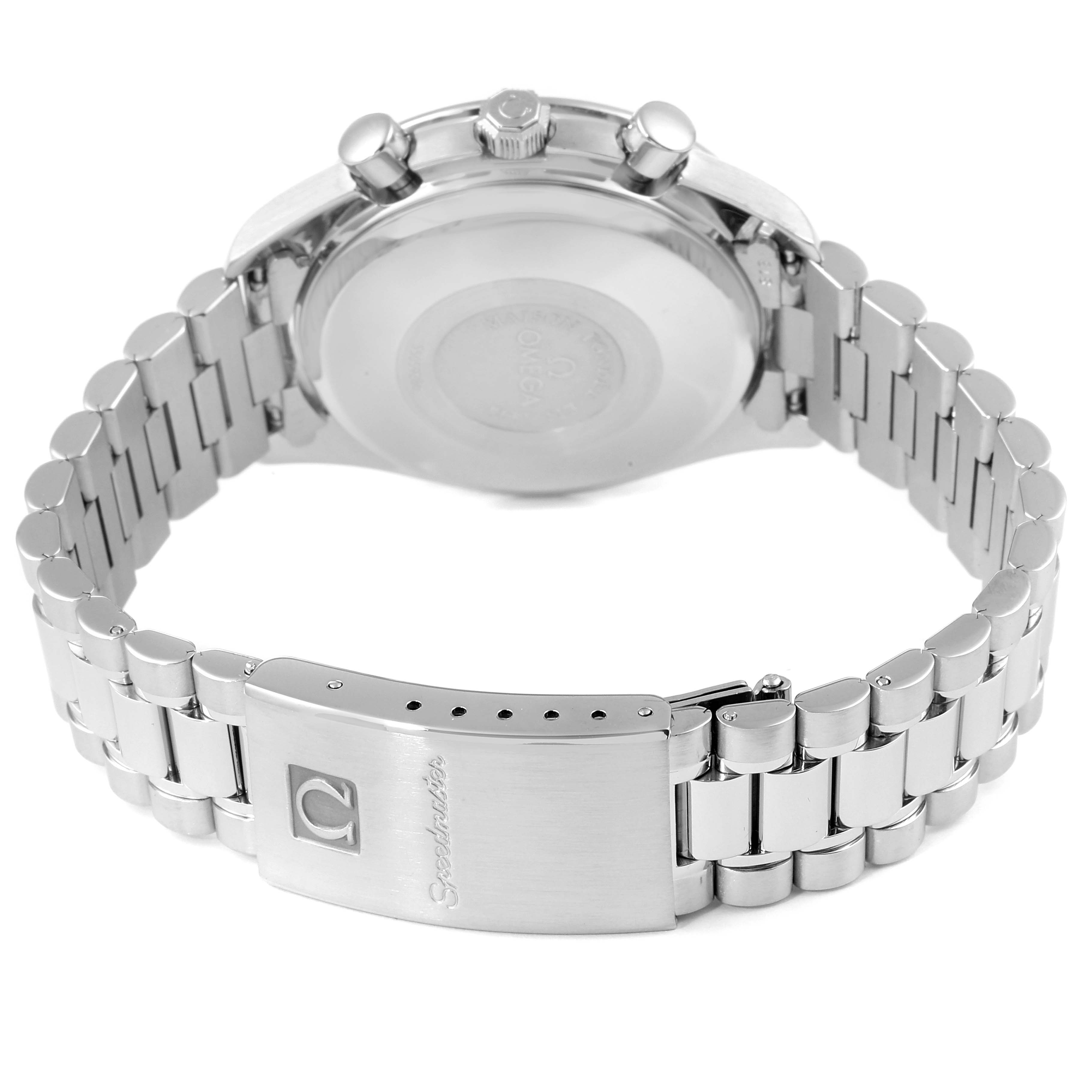 This image shows the back case and bracelet of the Omega Speedmaster 3521.80.00 Men
s Stainless Steel Blue Dial 3521.80.00 Men
s Stainless Steel Blue Dial watch, highlighting the clasp and pushers.