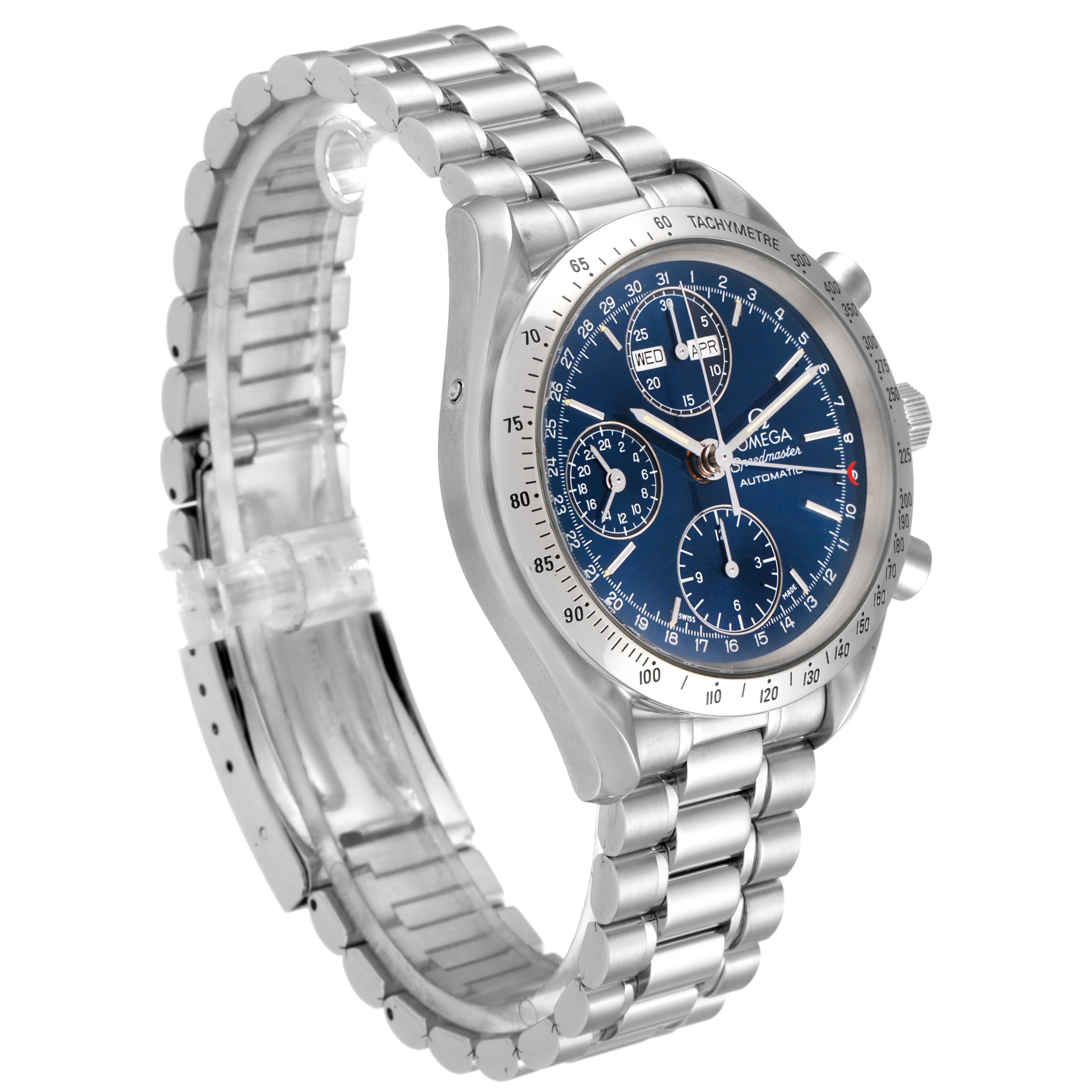 The Omega Speedmaster 3521.80.00 Men
s Stainless Steel Blue Dial 3521.80.00 Men
s Stainless Steel Blue Dial watch is shown at a right-side angle, displaying the face, chronograph buttons, and metal bracelet.