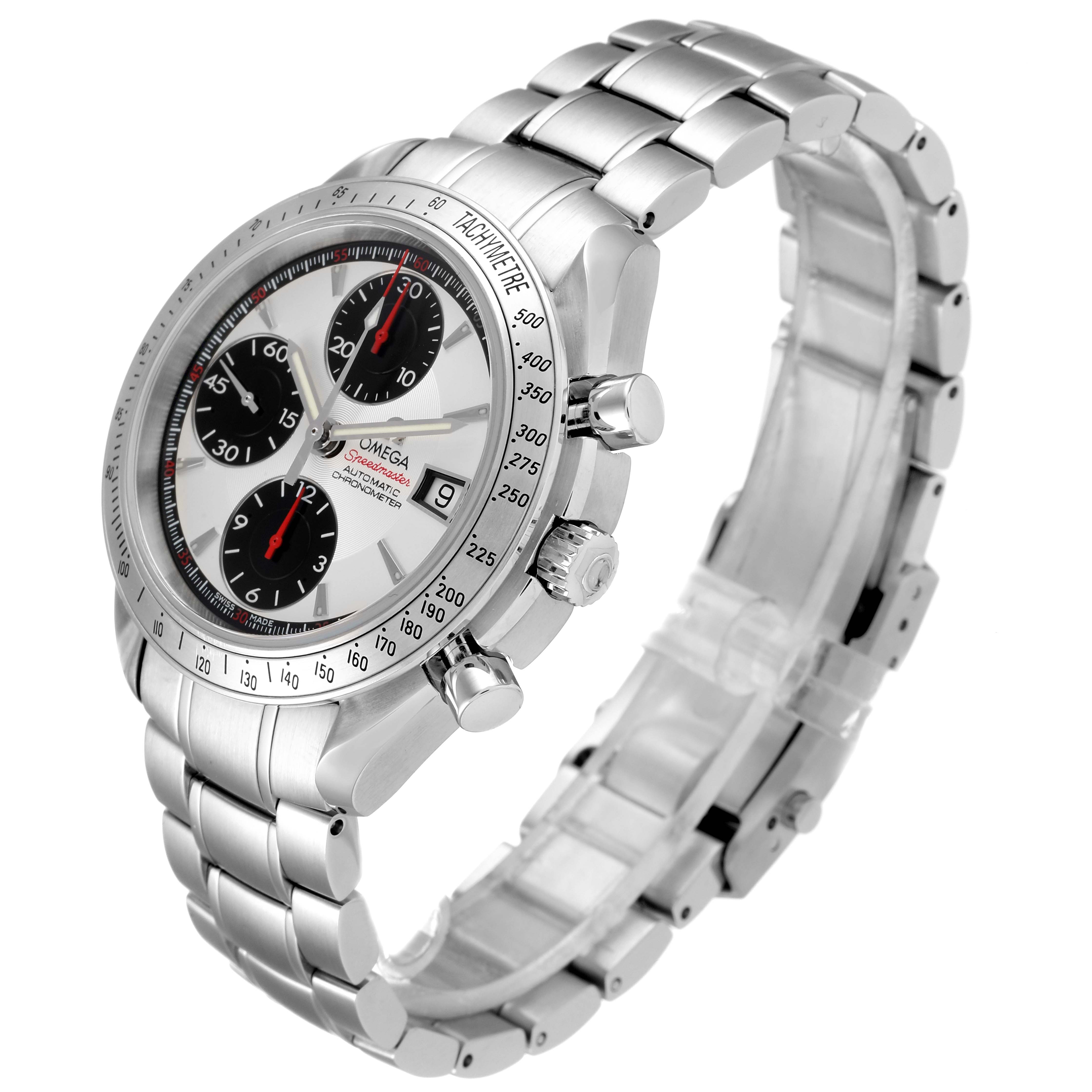 The image shows an Omega Speedmaster 3211.31.00 Men
s Stainless Steel Silver Dial 3211.31.00 Men
s Stainless Steel Silver Dial watch at an angled view, highlighting the face, bezel, chronograph buttons, and stainless steel bracelet.