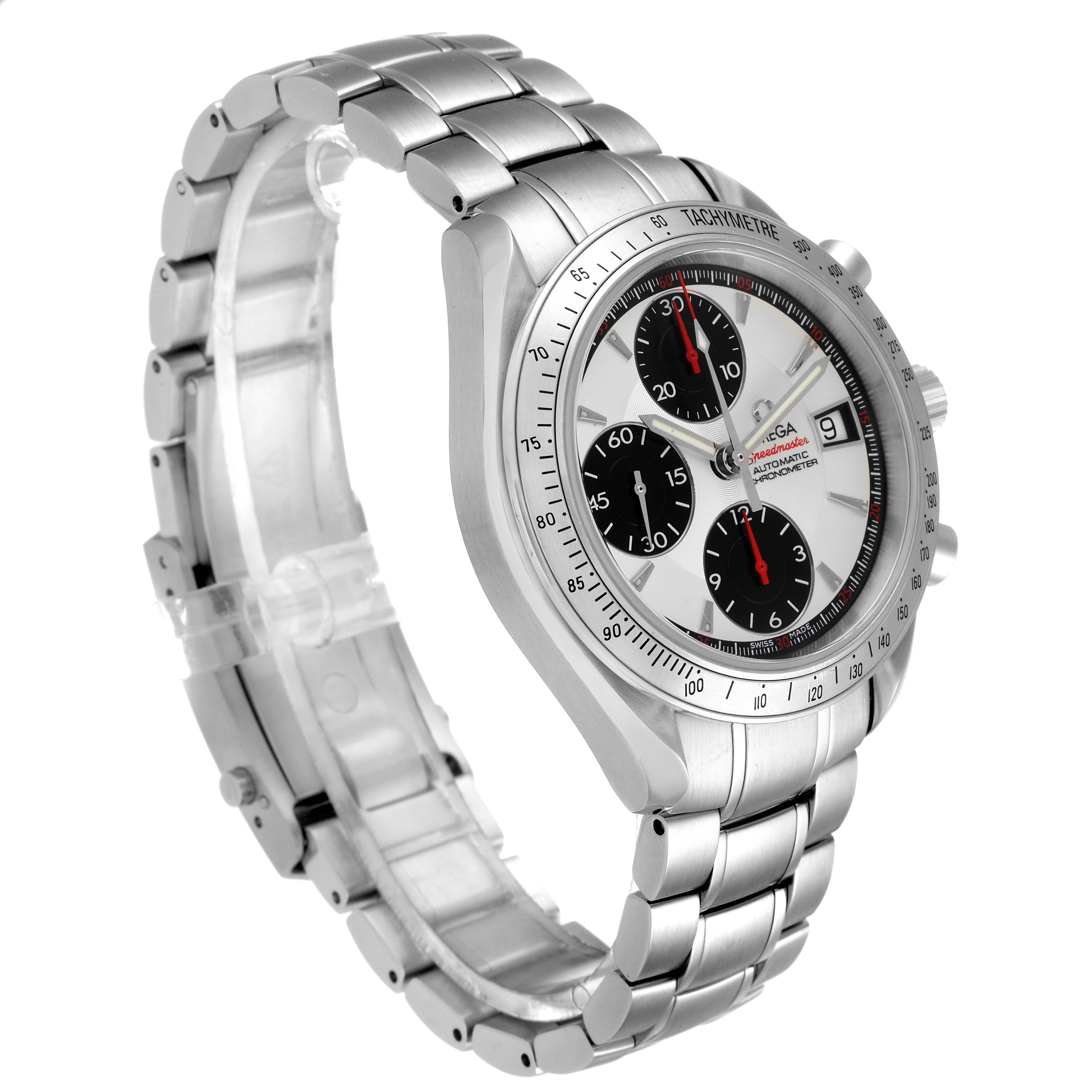 The Omega Speedmaster 3211.31.00 Men
s Stainless Steel Silver Dial 3211.31.00 Men
s Stainless Steel Silver Dial watch is shown at a three-quarter angle, displaying its stainless steel bracelet, dial, and tachymetre bezel.