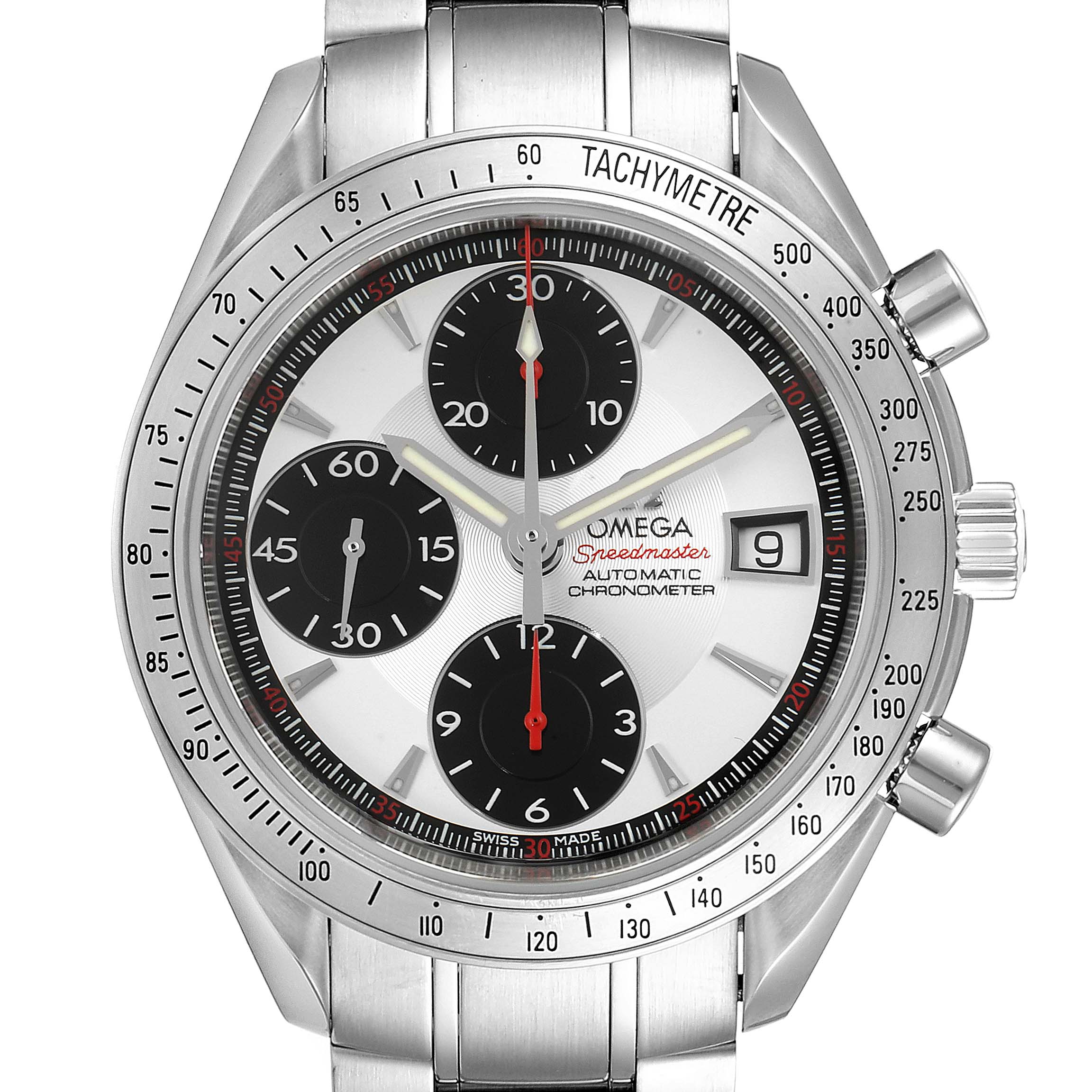 The image shows a frontal view of the Omega Speedmaster 3211.31.00 Men
s Stainless Steel Silver Dial 3211.31.00 Men
s Stainless Steel Silver Dial wristwatch, highlighting the dial, subdials, date window, and tachymeter bezel.