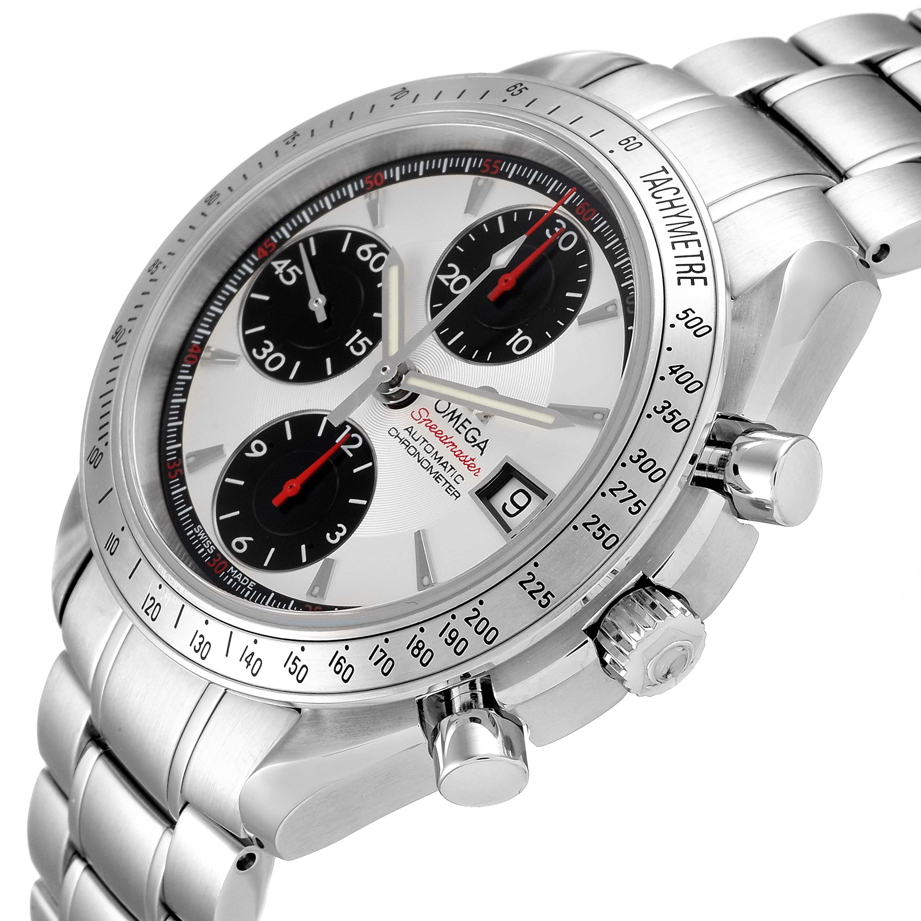 The image displays an angled side view of an Omega Speedmaster 3211.31.00 Men
s Stainless Steel Silver Dial 3211.31.00 Men
s Stainless Steel Silver Dial watch, highlighting the dial, tachymeter bezel, crown, pushers, and bracelet.