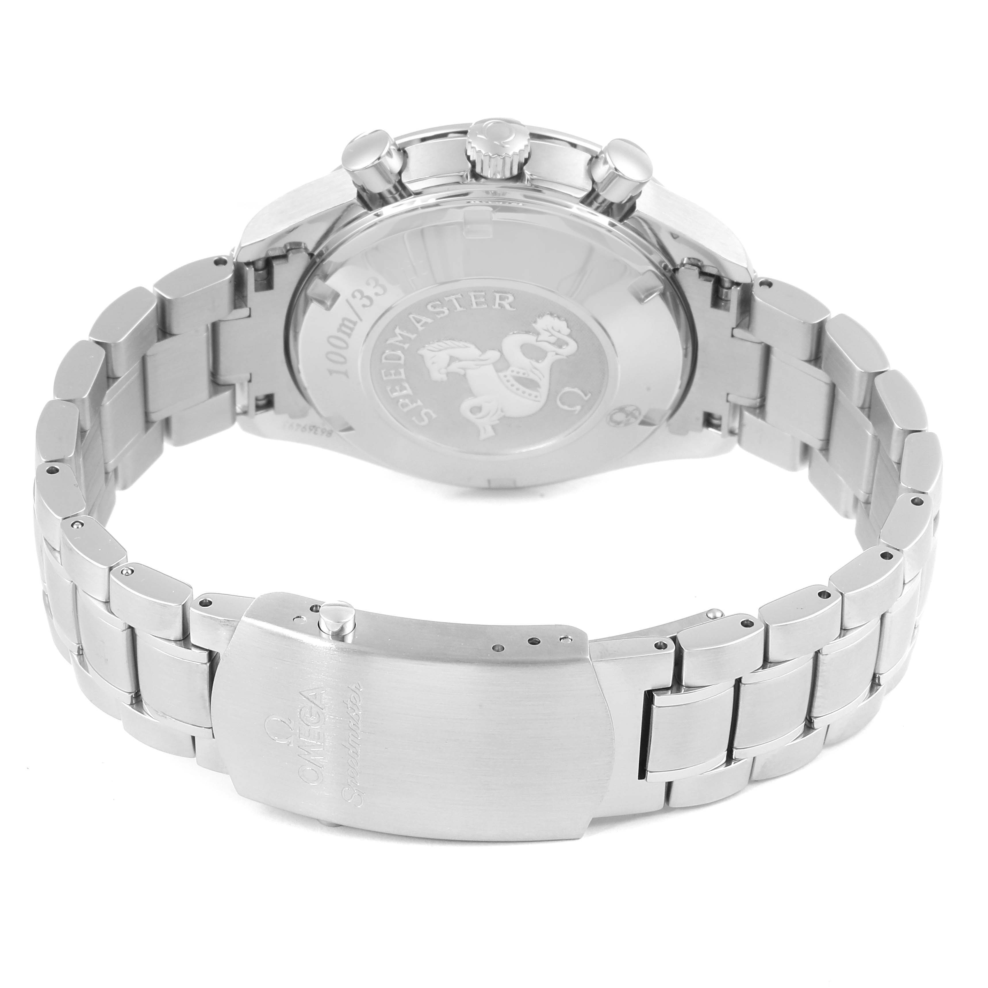 The image shows the back and clasp of an Omega Speedmaster 3211.31.00 Men
s Stainless Steel Silver Dial 3211.31.00 Men
s Stainless Steel Silver Dial watch, highlighting its bracelet and engraved case back.