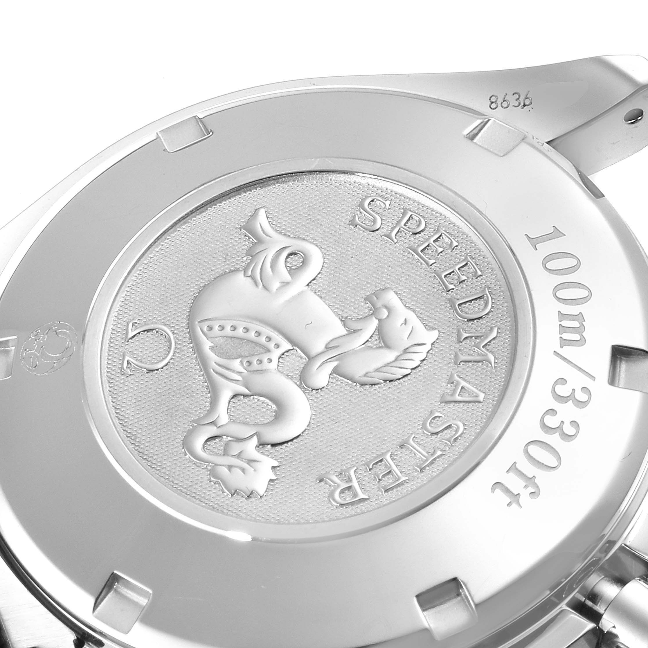 The image shows the case back of an Omega Speedmaster 3211.31.00 Men
s Stainless Steel Silver Dial 3211.31.00 Men
s Stainless Steel Silver Dial watch, featuring the signature engraving and water resistance detail.