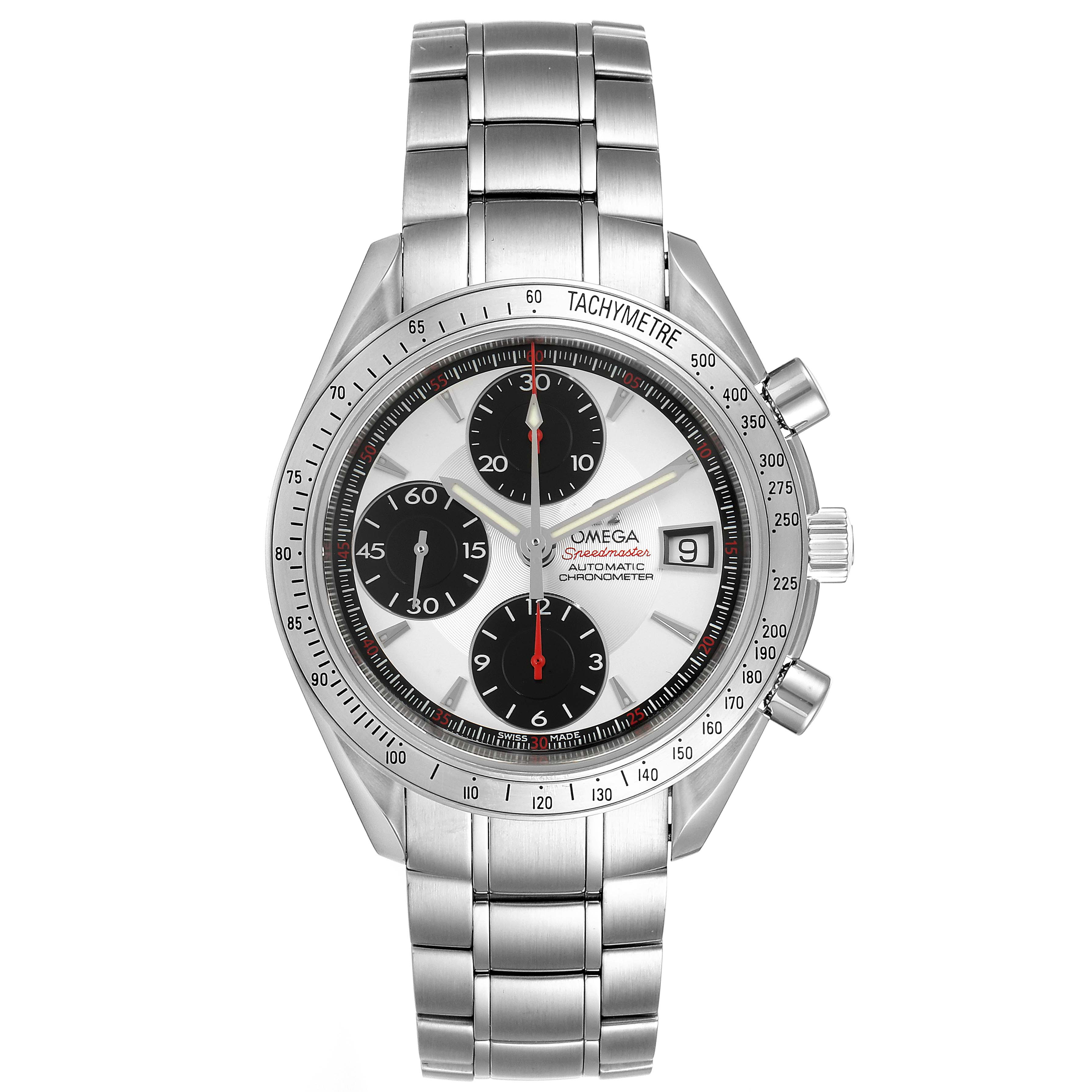 The image shows a front view of the Omega Speedmaster 3211.31.00 Men
s Stainless Steel Silver Dial 3211.31.00 Men
s Stainless Steel Silver Dial watch, highlighting its face, tachymeter bezel, and stainless steel bracelet.