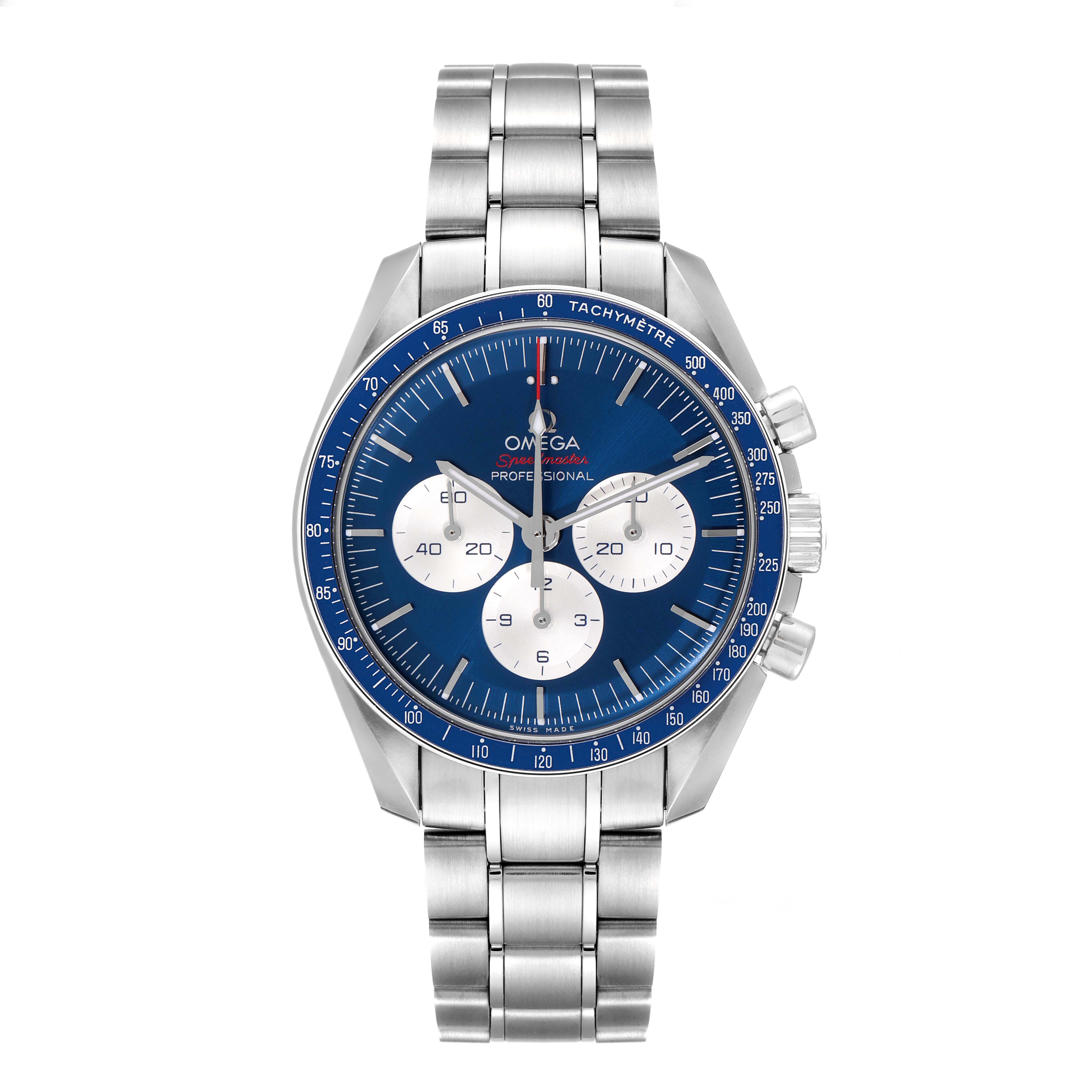 The image shows a front view of the Omega Speedmaster 522.30.42.30.03.001 Men
s Stainless Steel Blue Dial 522.30.42.30.03.001 Men
s Stainless Steel Blue Dial Professional watch with a blue dial and silver bracelet.