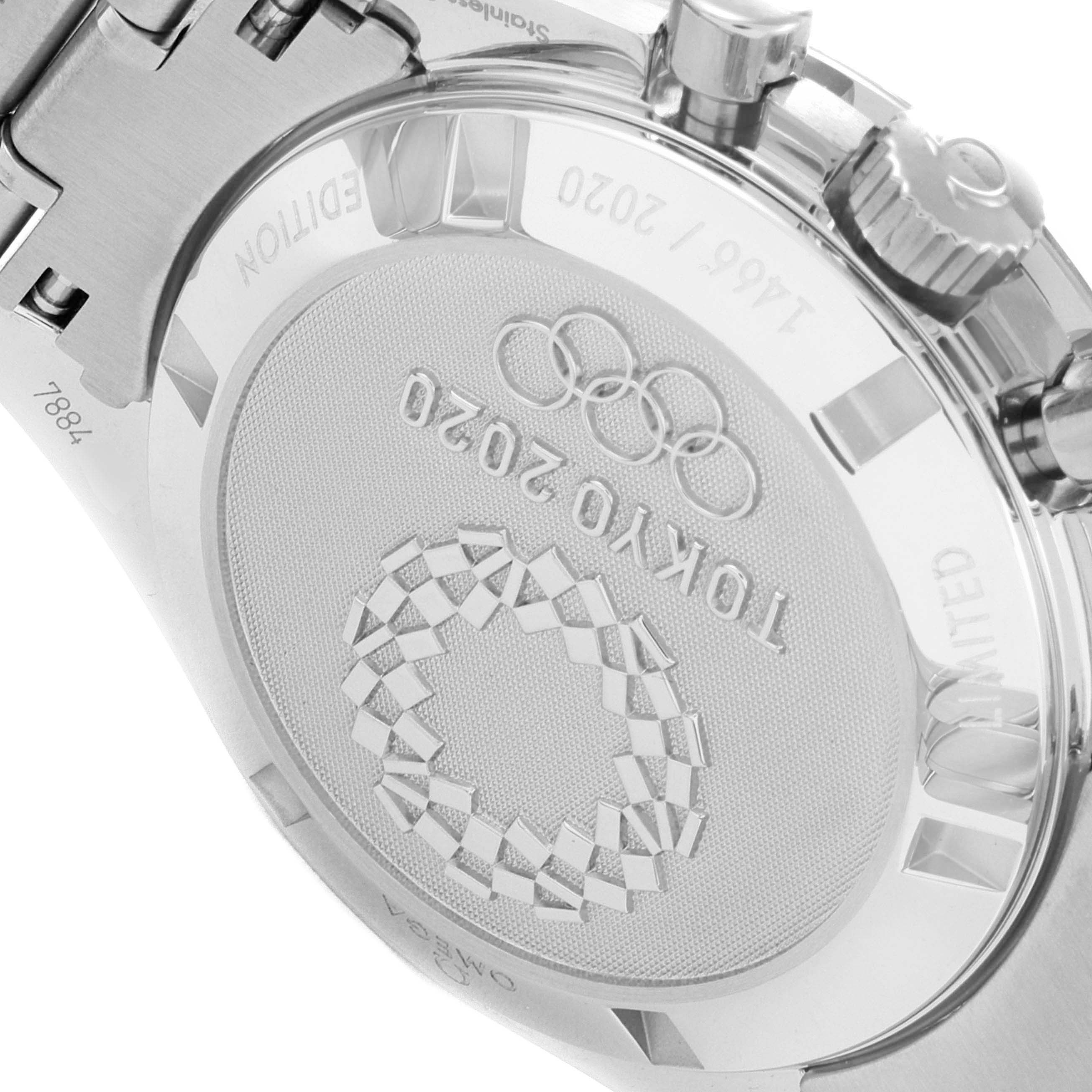 The image shows the case back of an Omega Speedmaster 522.30.42.30.03.001 Men
s Stainless Steel Blue Dial 522.30.42.30.03.001 Men
s Stainless Steel Blue Dial watch, featuring the Tokyo 2020 Olympic Games engravings.