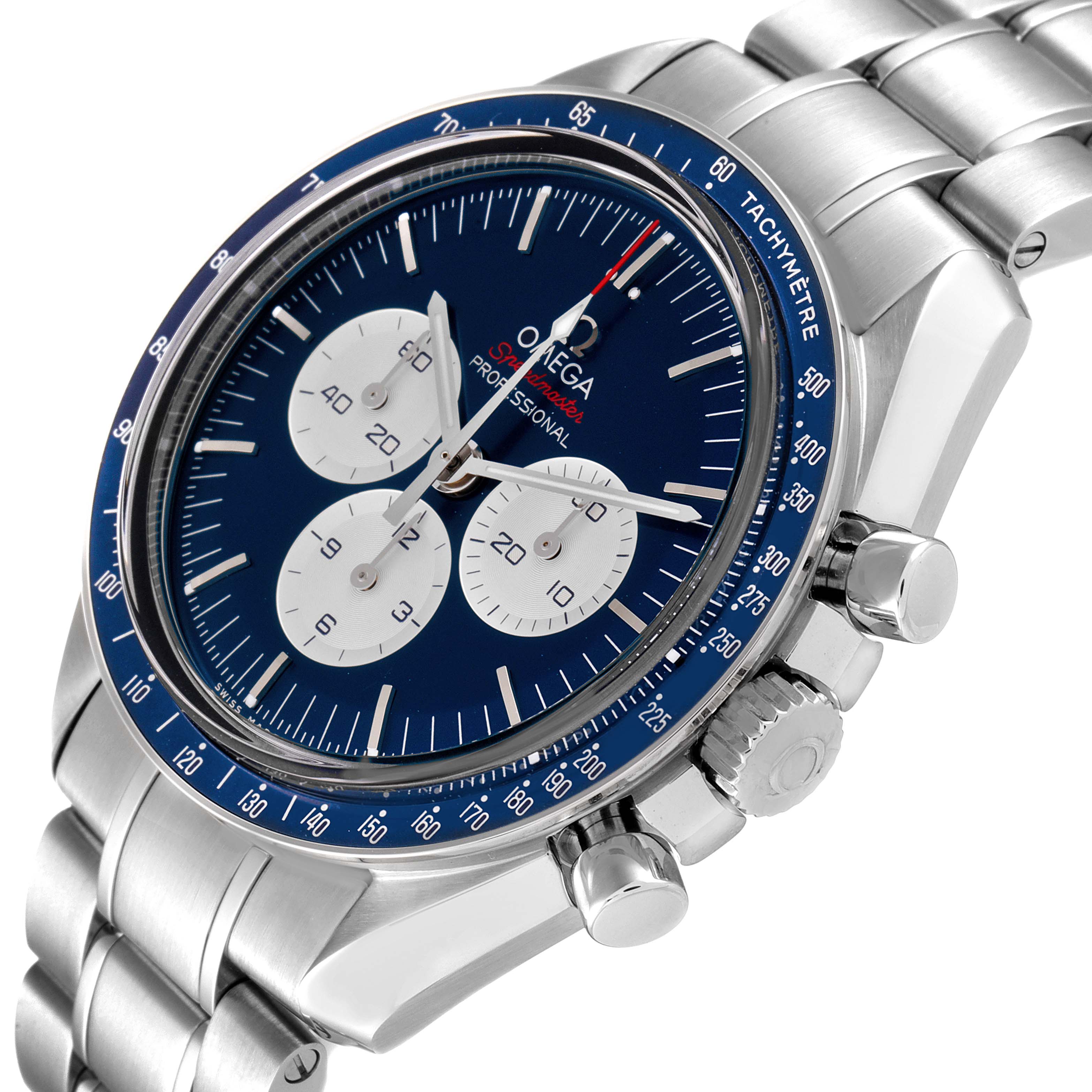 The image shows an angled close-up of an Omega Speedmaster 522.30.42.30.03.001 Men
s Stainless Steel Blue Dial 522.30.42.30.03.001 Men
s Stainless Steel Blue Dial, highlighting the dial, subdials, crown, pushers, and bracelet.