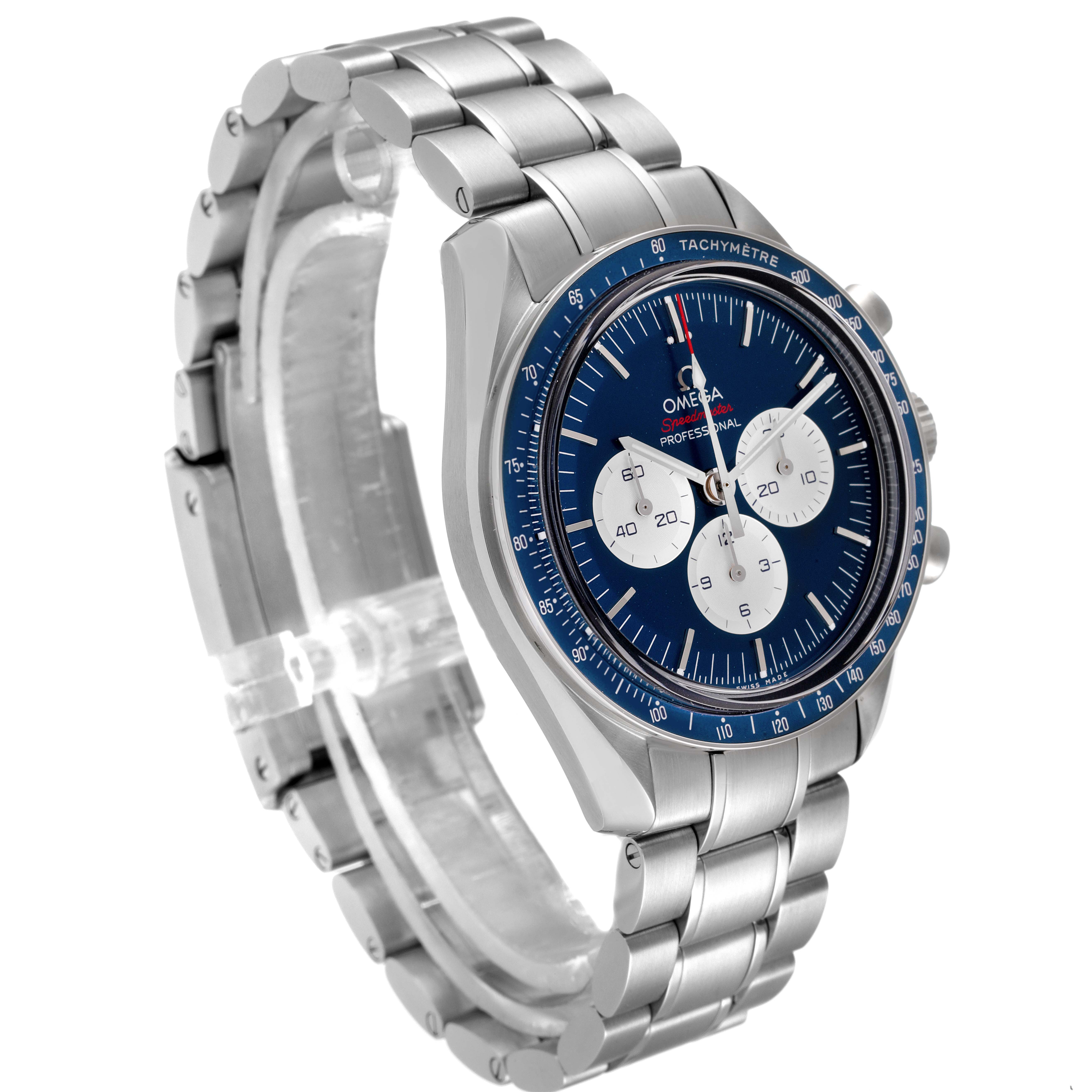 The Omega Speedmaster 522.30.42.30.03.001 Men
s Stainless Steel Blue Dial 522.30.42.30.03.001 Men
s Stainless Steel Blue Dial watch is shown at an oblique angle, highlighting the stainless steel bracelet, case, tachymeter bezel, and dial.