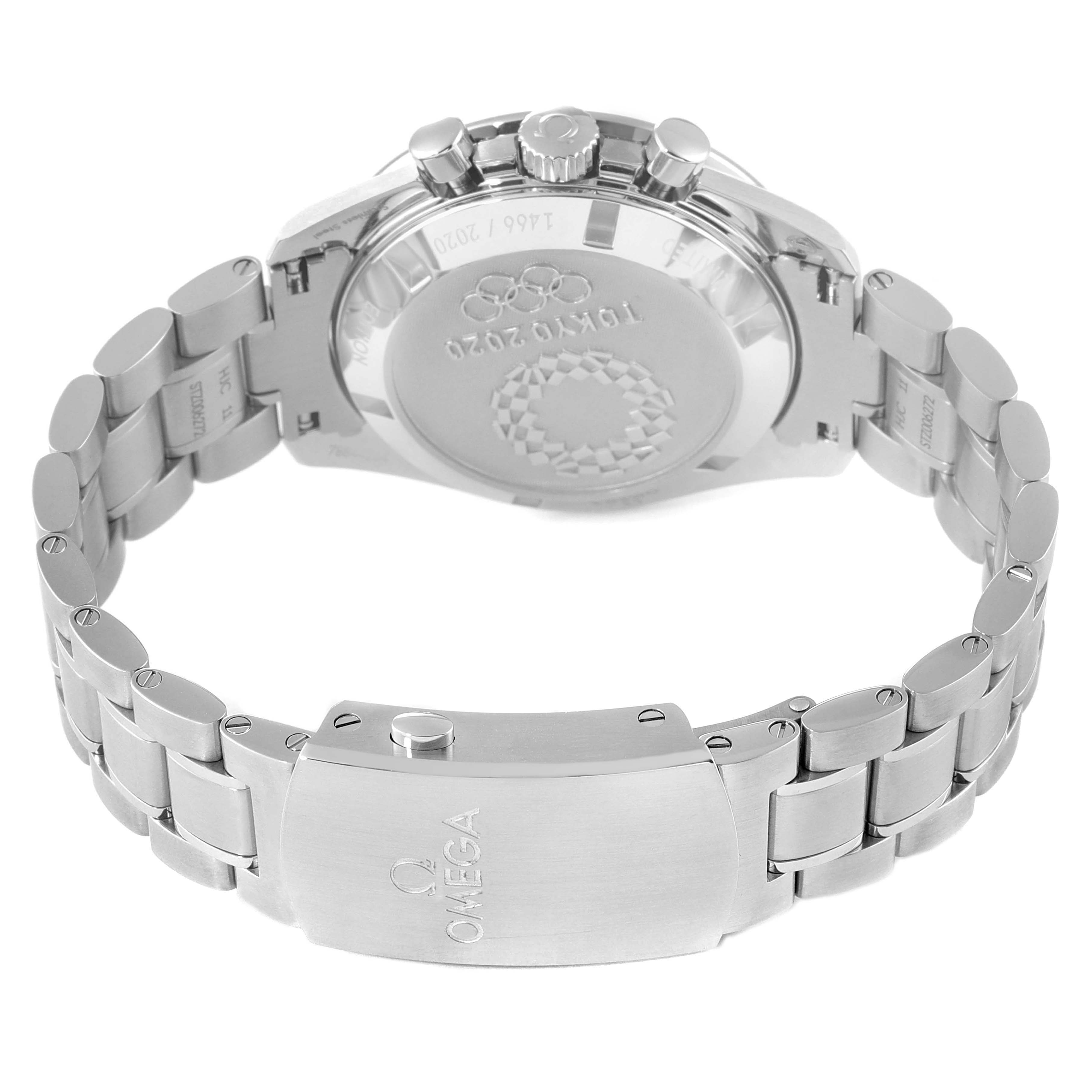 This image shows the back view of an Omega Speedmaster 522.30.42.30.03.001 Men
s Stainless Steel Blue Dial 522.30.42.30.03.001 Men
s Stainless Steel Blue Dial, highlighting the clasp, bracelet, and case back.