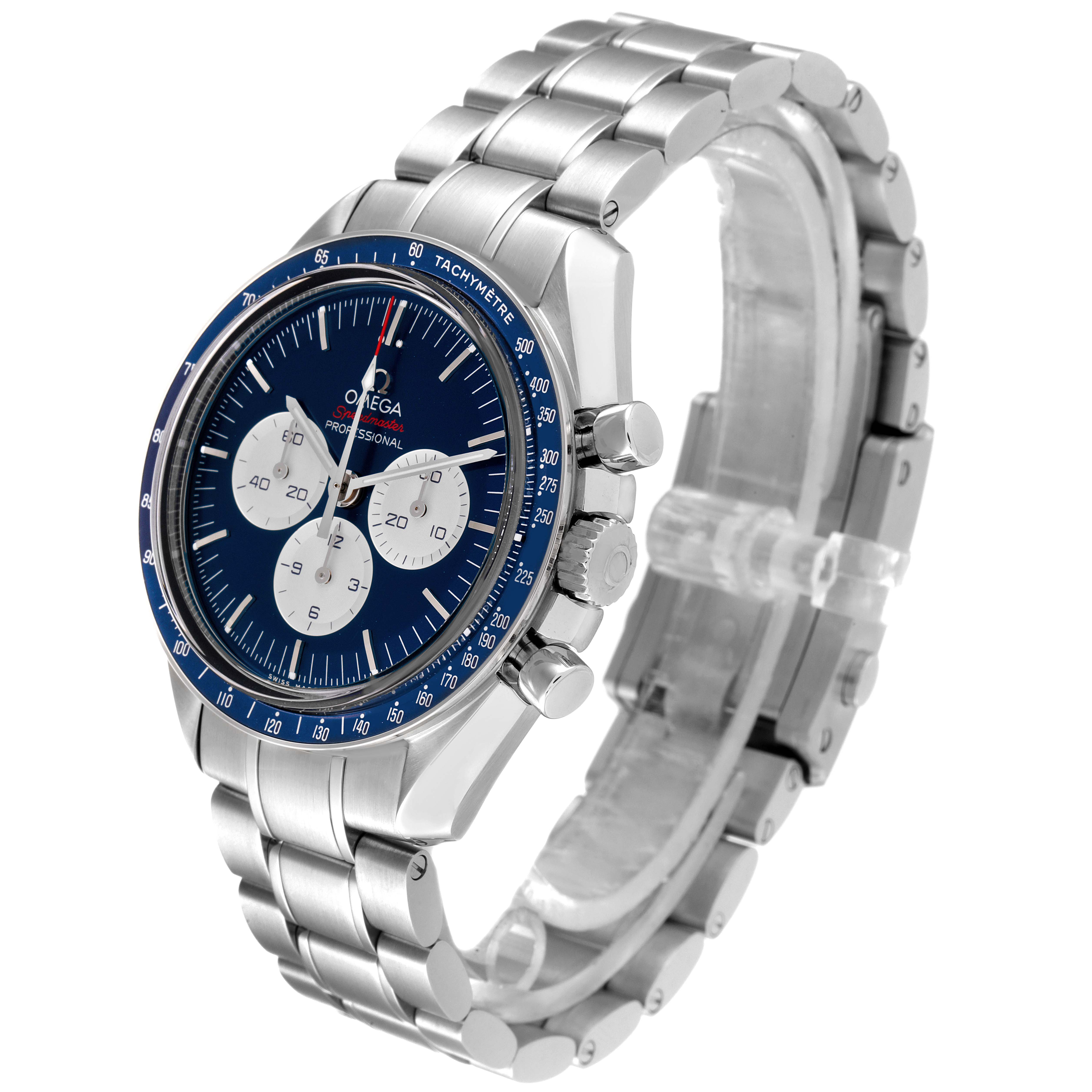 The Omega Speedmaster 522.30.42.30.03.001 Men
s Stainless Steel Blue Dial 522.30.42.30.03.001 Men
s Stainless Steel Blue Dial watch is shown at a slight angle, featuring its face, tachymeter bezel, and stainless steel bracelet.