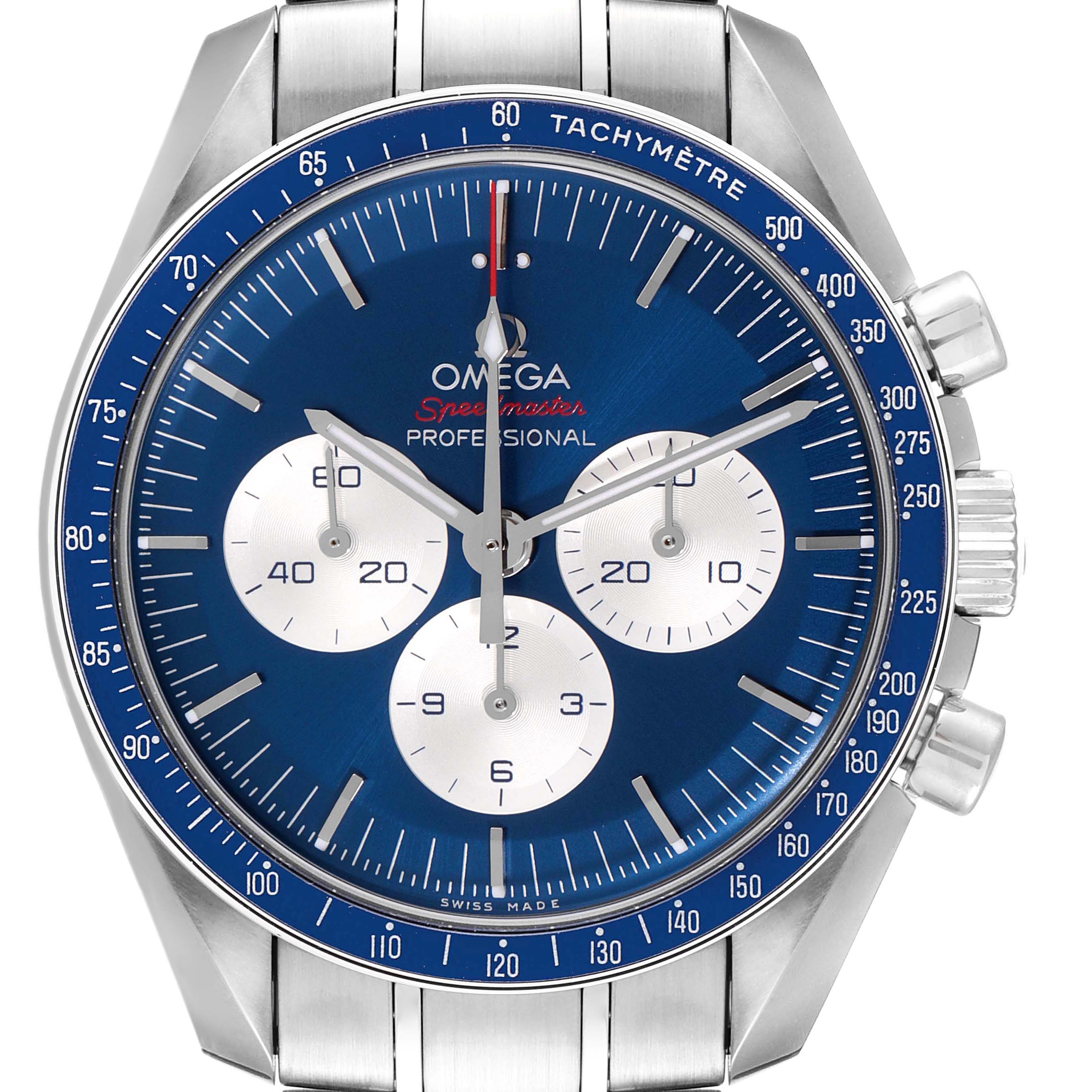 The image shows a close-up, front view of an Omega Speedmaster 522.30.42.30.03.001 Men
s Stainless Steel Blue Dial 522.30.42.30.03.001 Men
s Stainless Steel Blue Dial watch, highlighting its dial, subdials, bezel, and part of the bracelet.
