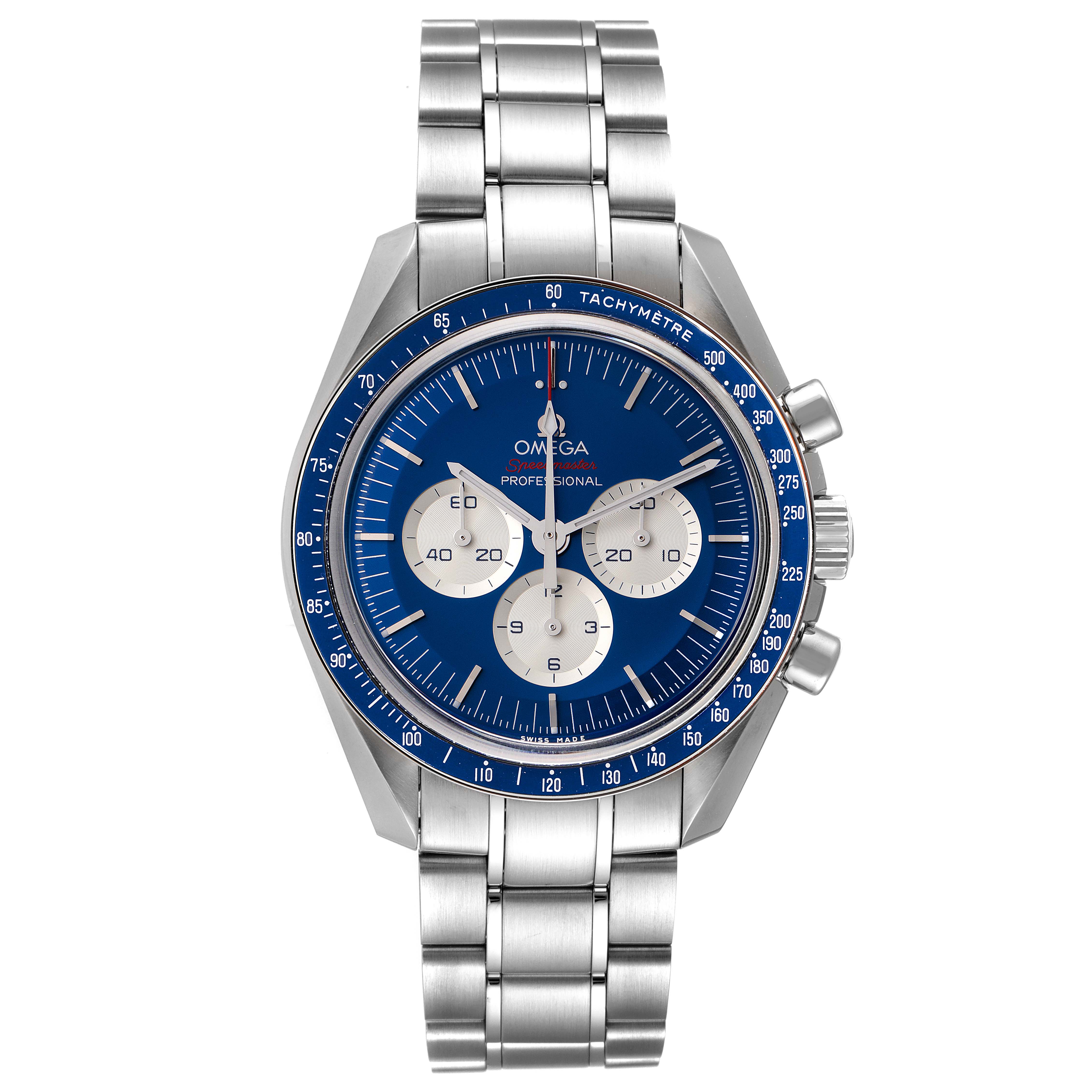 This image shows a front view of an Omega Speedmaster 522.30.42.30.03.001 Men's Stainless Steel Blue Dial 522.30.42.30.03.001 Men's Stainless Steel Blue Dial watch with a blue dial and silver bracelet.