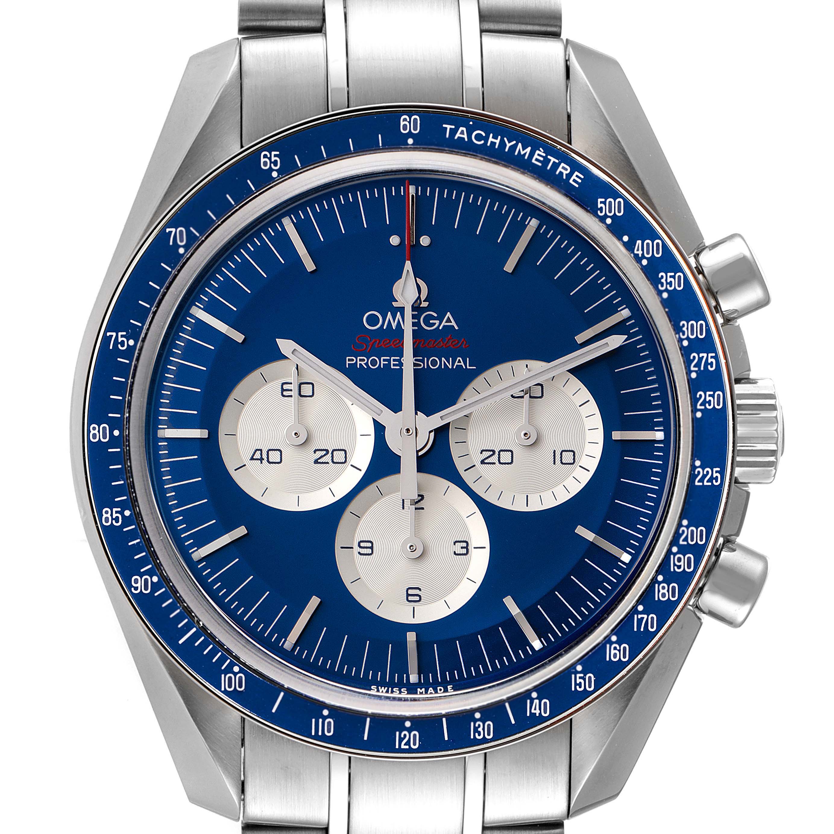 This image shows the front view of an Omega Speedmaster 522.30.42.30.03.001 Men's Stainless Steel Blue Dial 522.30.42.30.03.001 Men's Stainless Steel Blue Dial Professional watch, highlighting the dial, subdials, and tachymeter bezel.